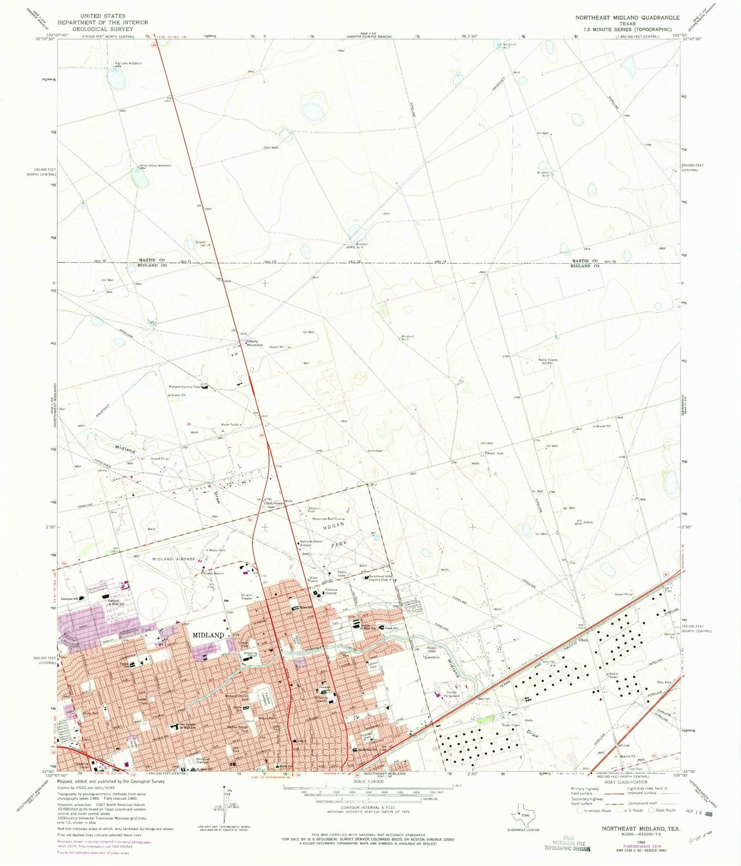 Classic USGS Northeast Midland Texas 7.5'x7.5' Topo Map Image
