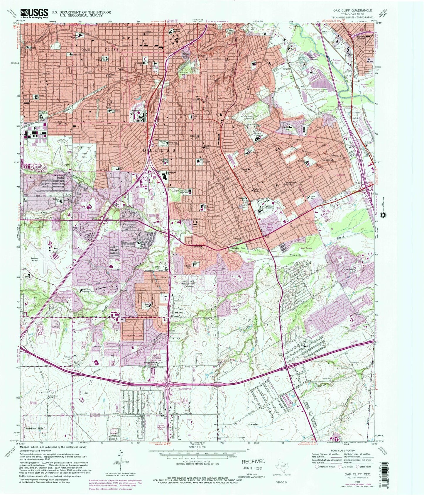Classic USGS Oak Cliff Texas 7.5'x7.5' Topo Map Image