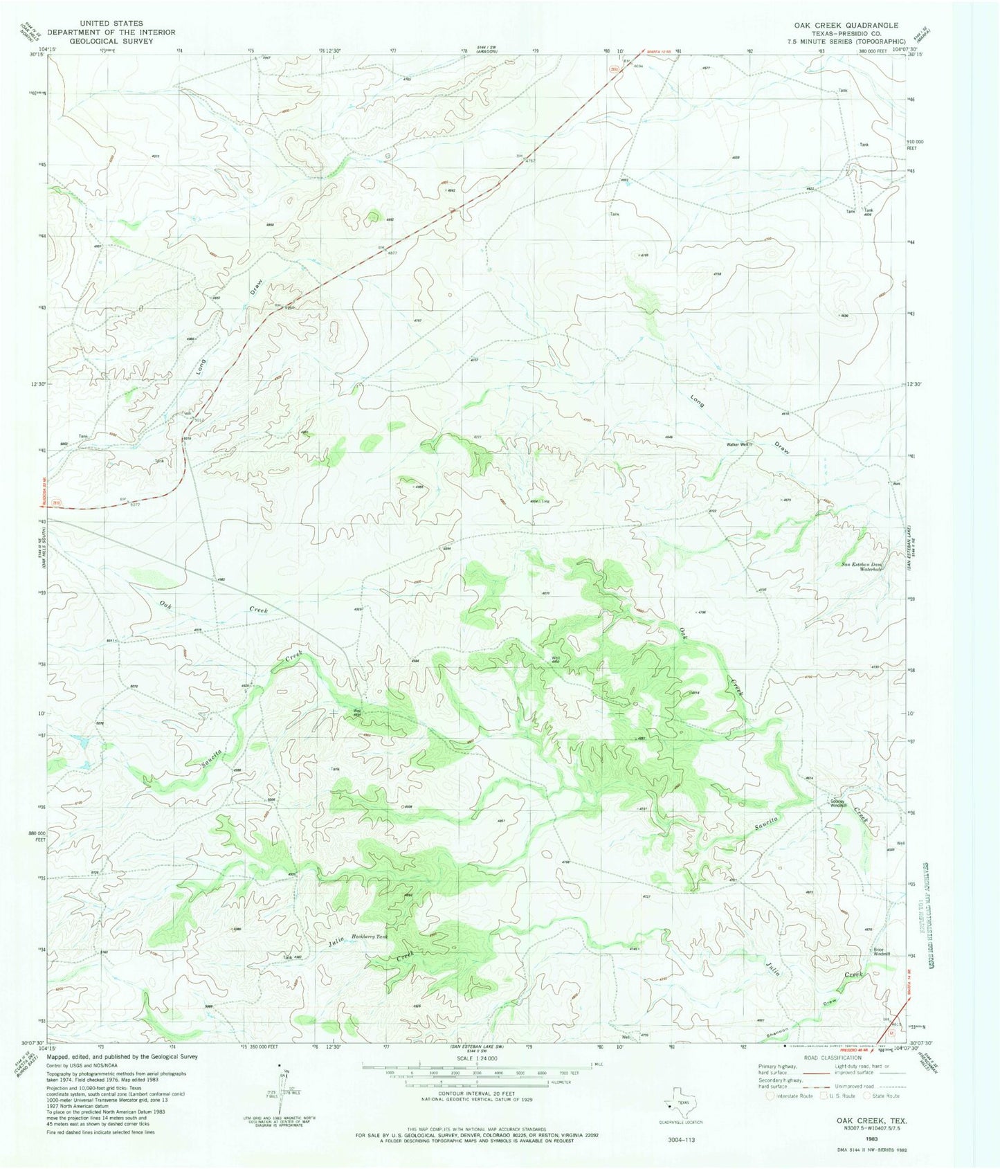 Classic USGS Oak Creek Texas 7.5'x7.5' Topo Map Image