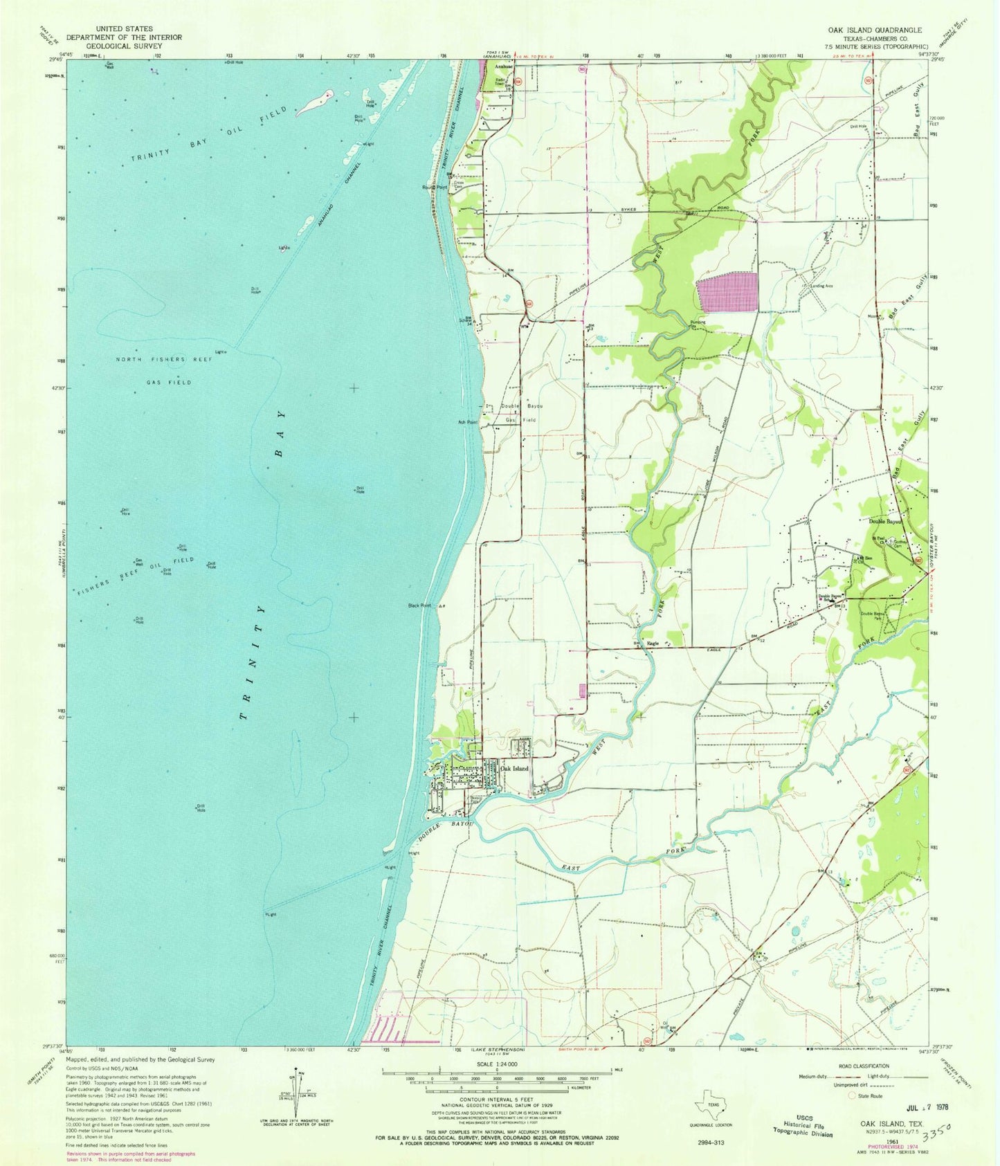 Classic USGS Oak Island Texas 7.5'x7.5' Topo Map Image