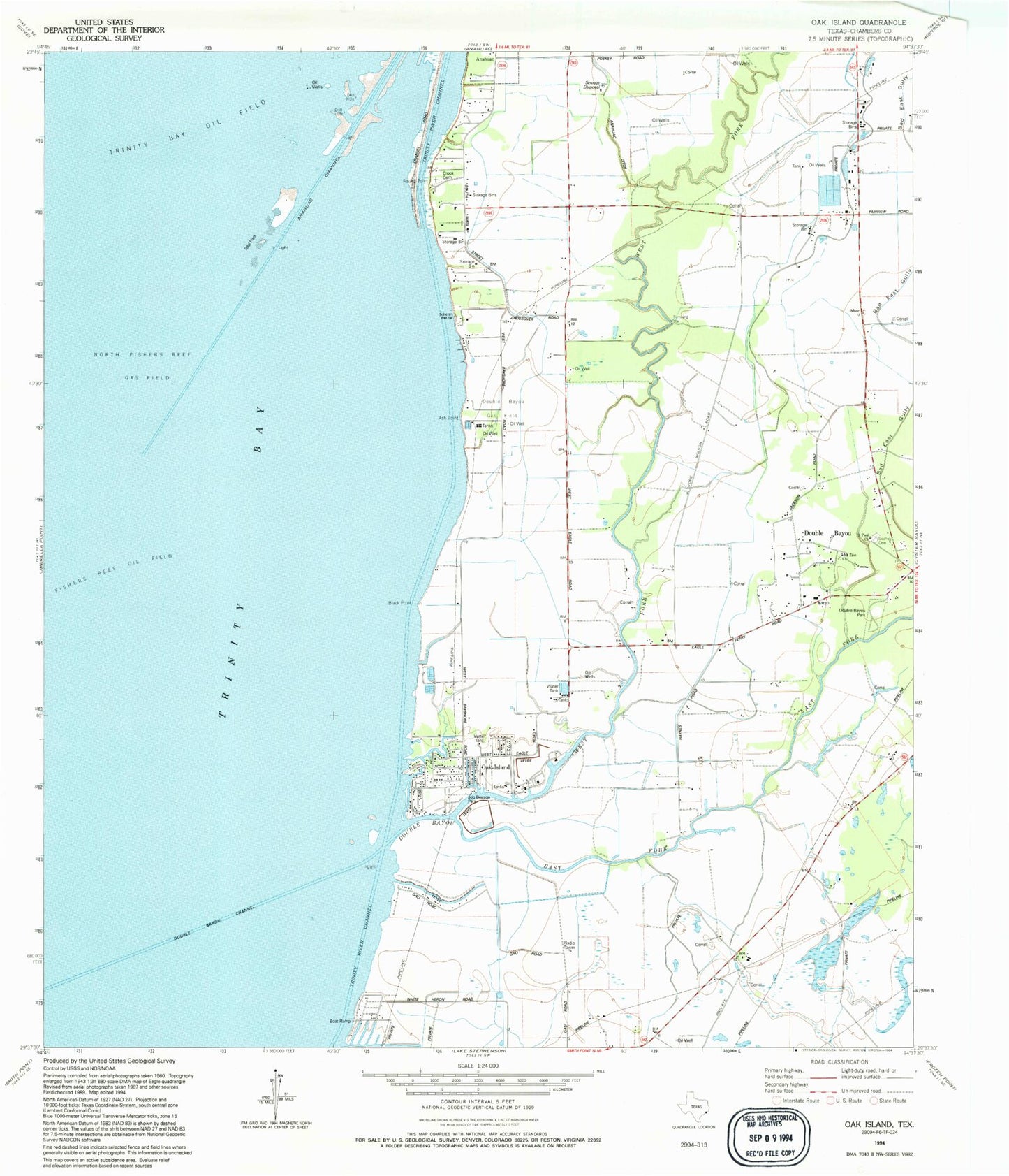 Classic USGS Oak Island Texas 7.5'x7.5' Topo Map Image