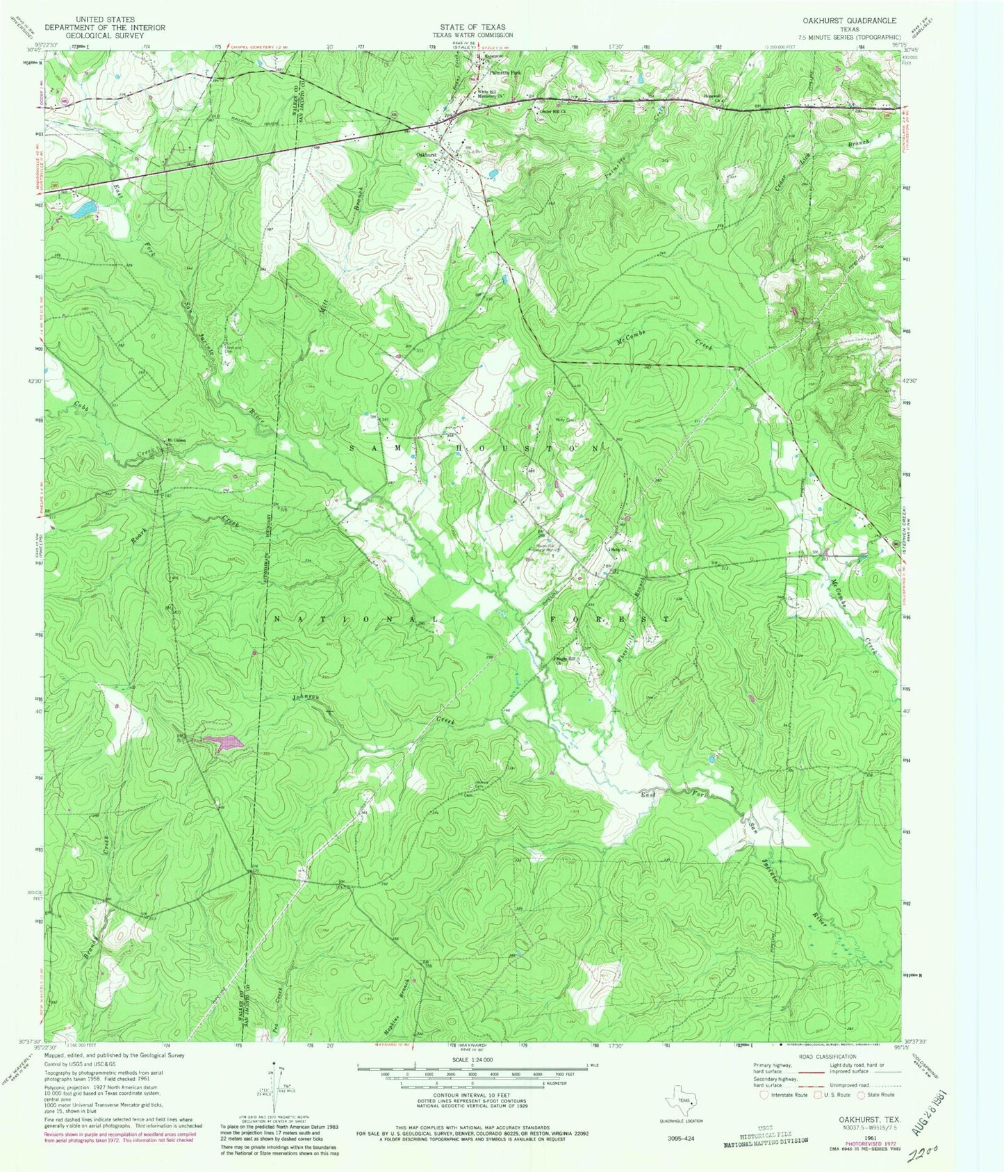 Classic USGS Oakhurst Texas 7.5'x7.5' Topo Map Image