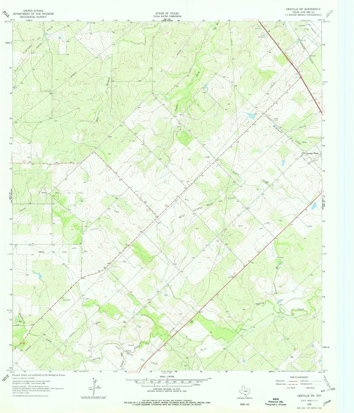 Classic USGS Oakville SW Texas 7.5'x7.5' Topo Map Image