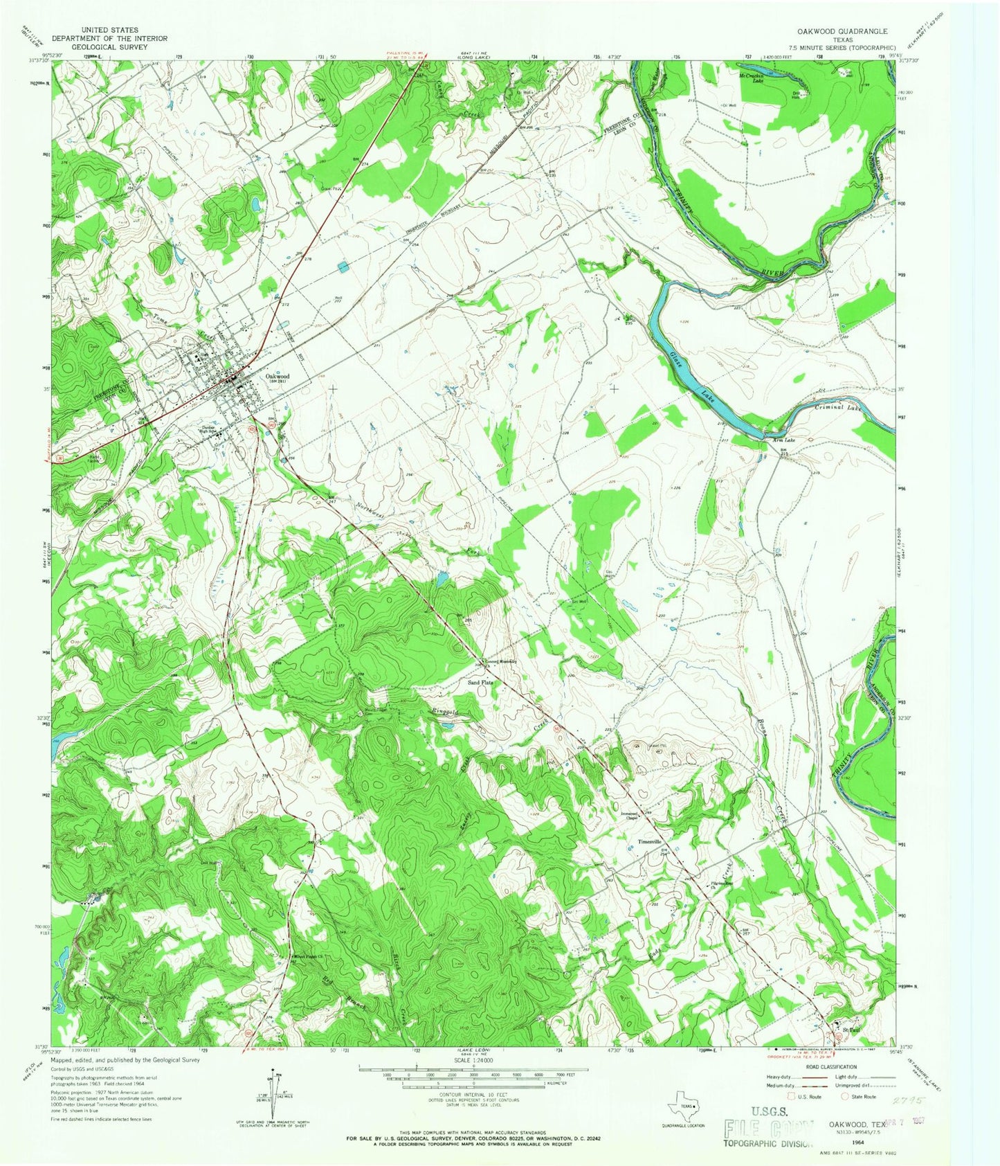 Classic USGS Oakwood Texas 7.5'x7.5' Topo Map Image