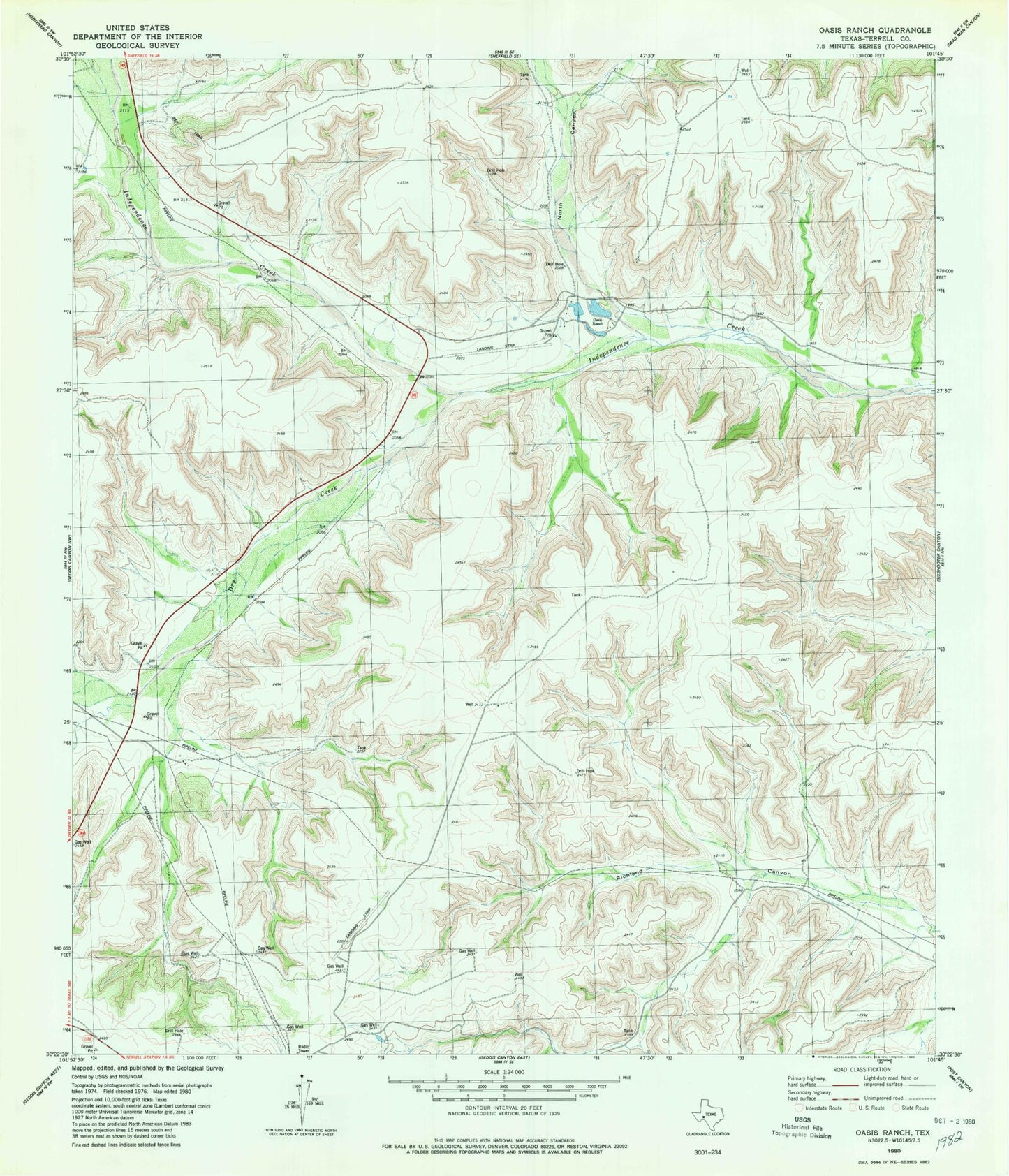 Classic USGS Oasis Ranch Texas 7.5'x7.5' Topo Map Image
