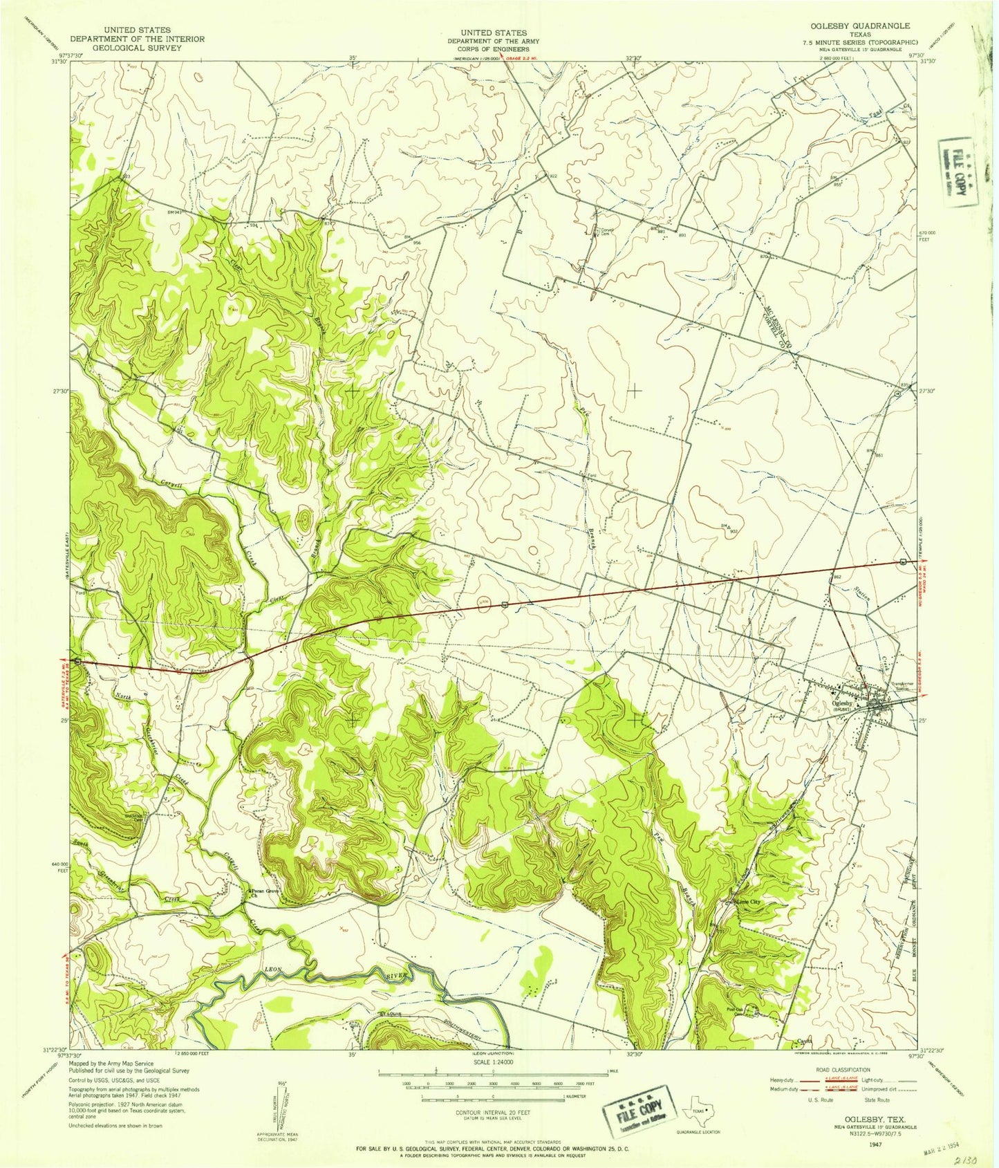 Classic USGS Oglesby Texas 7.5'x7.5' Topo Map Image