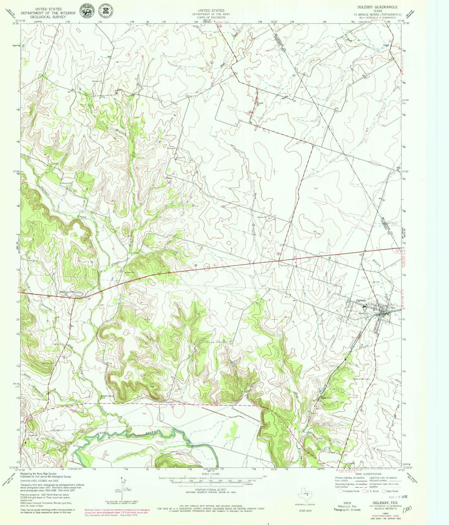 Classic USGS Oglesby Texas 7.5'x7.5' Topo Map Image