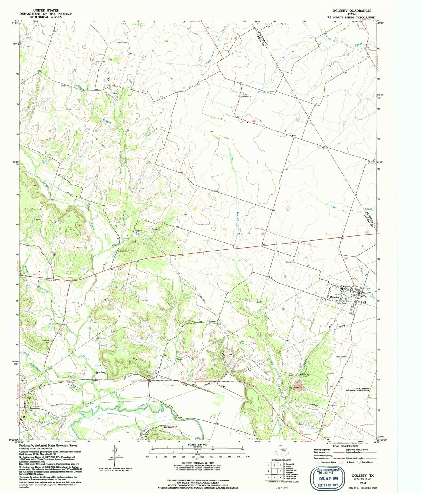 Classic USGS Oglesby Texas 7.5'x7.5' Topo Map Image