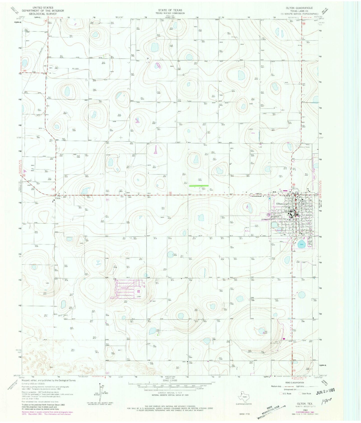 Classic USGS Olton Texas 7.5'x7.5' Topo Map Image