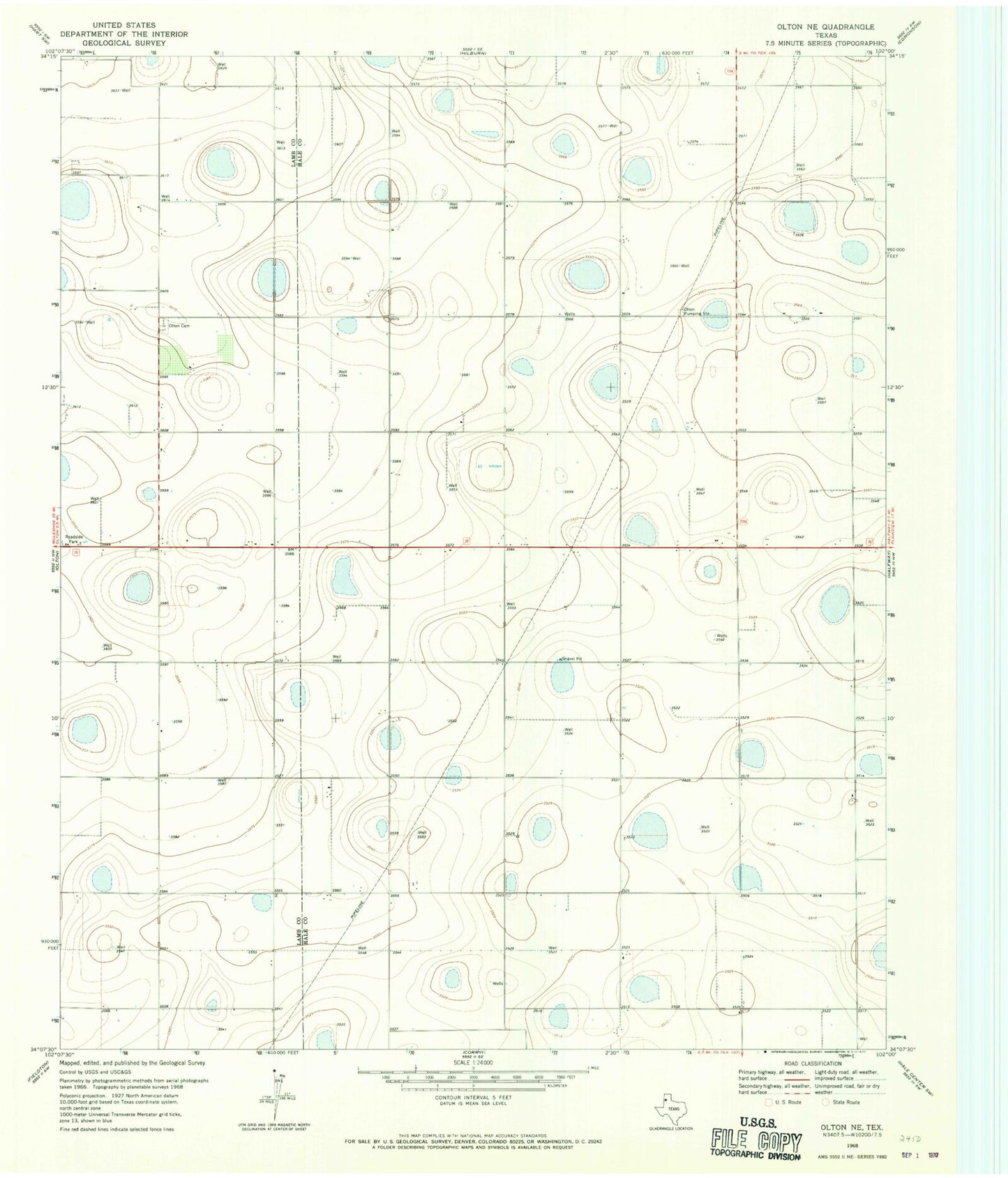Classic USGS Olton NE Texas 7.5'x7.5' Topo Map Image
