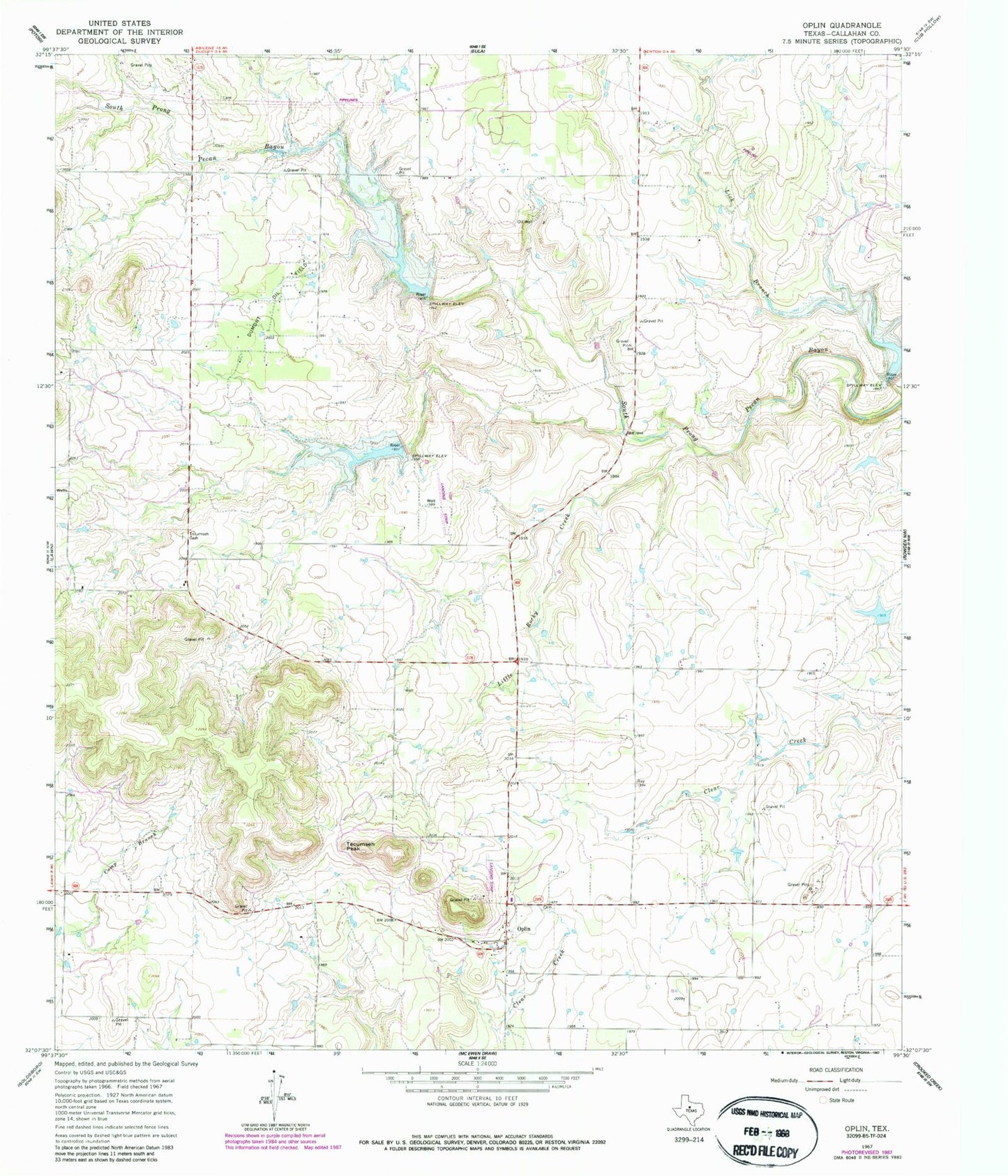 Classic USGS Oplin Texas 7.5'x7.5' Topo Map Image