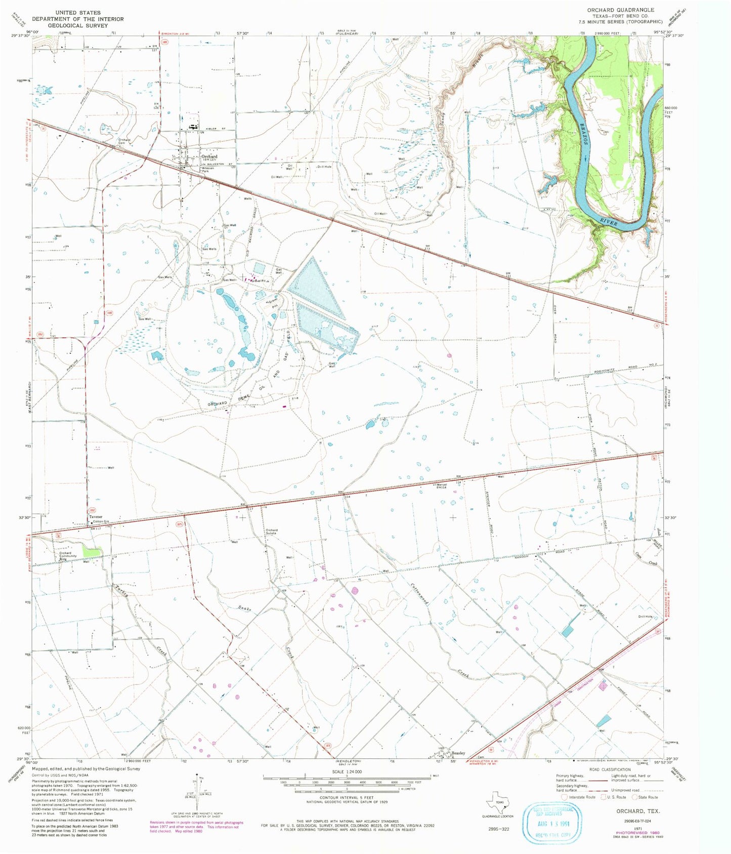 Classic USGS Orchard Texas 7.5'x7.5' Topo Map Image