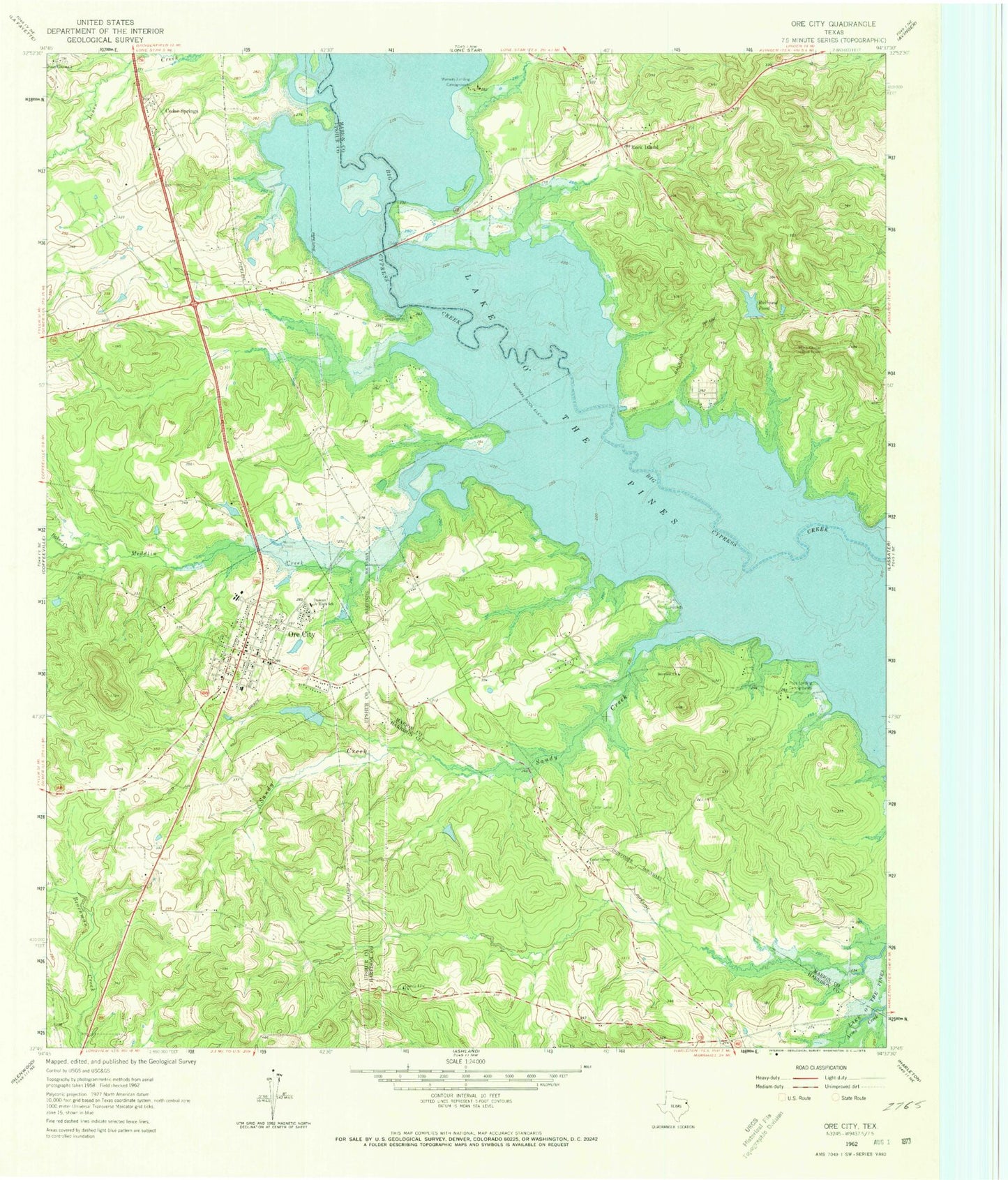 Classic USGS Ore City Texas 7.5'x7.5' Topo Map Image
