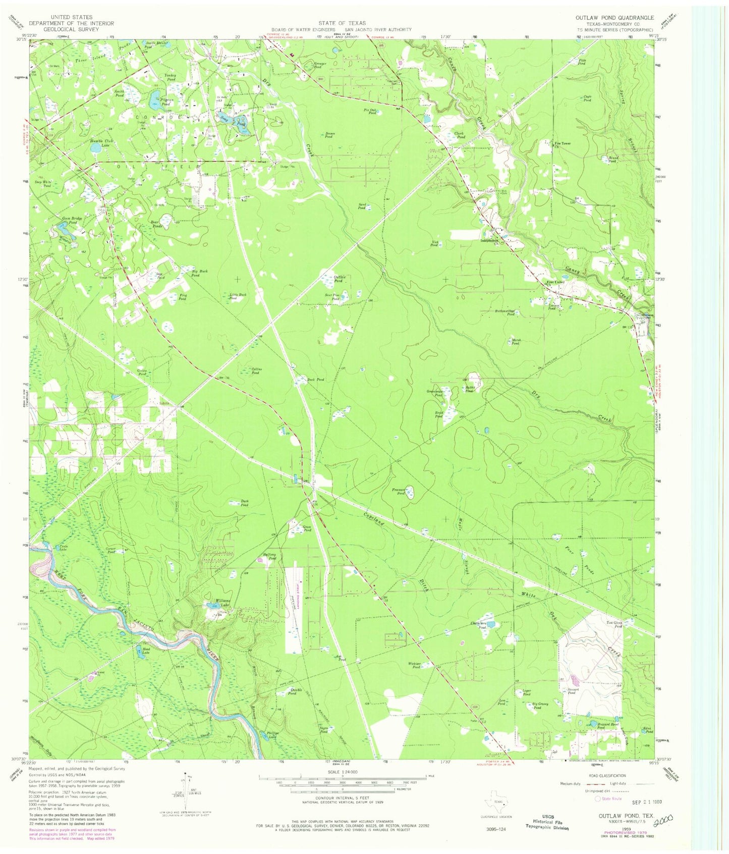 Classic USGS Outlaw Pond Texas 7.5'x7.5' Topo Map Image