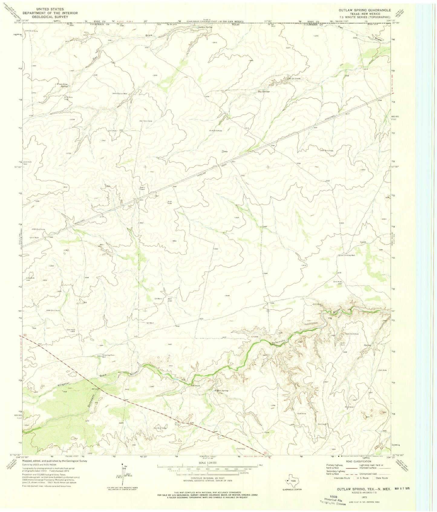 Classic USGS Outlaw Spring Texas 7.5'x7.5' Topo Map Image