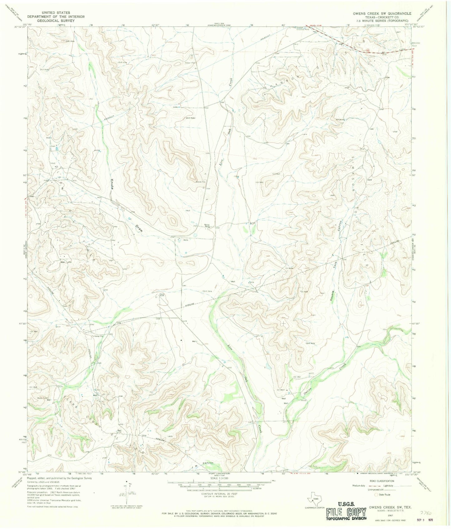 Classic USGS Owens Creek SW Texas 7.5'x7.5' Topo Map Image