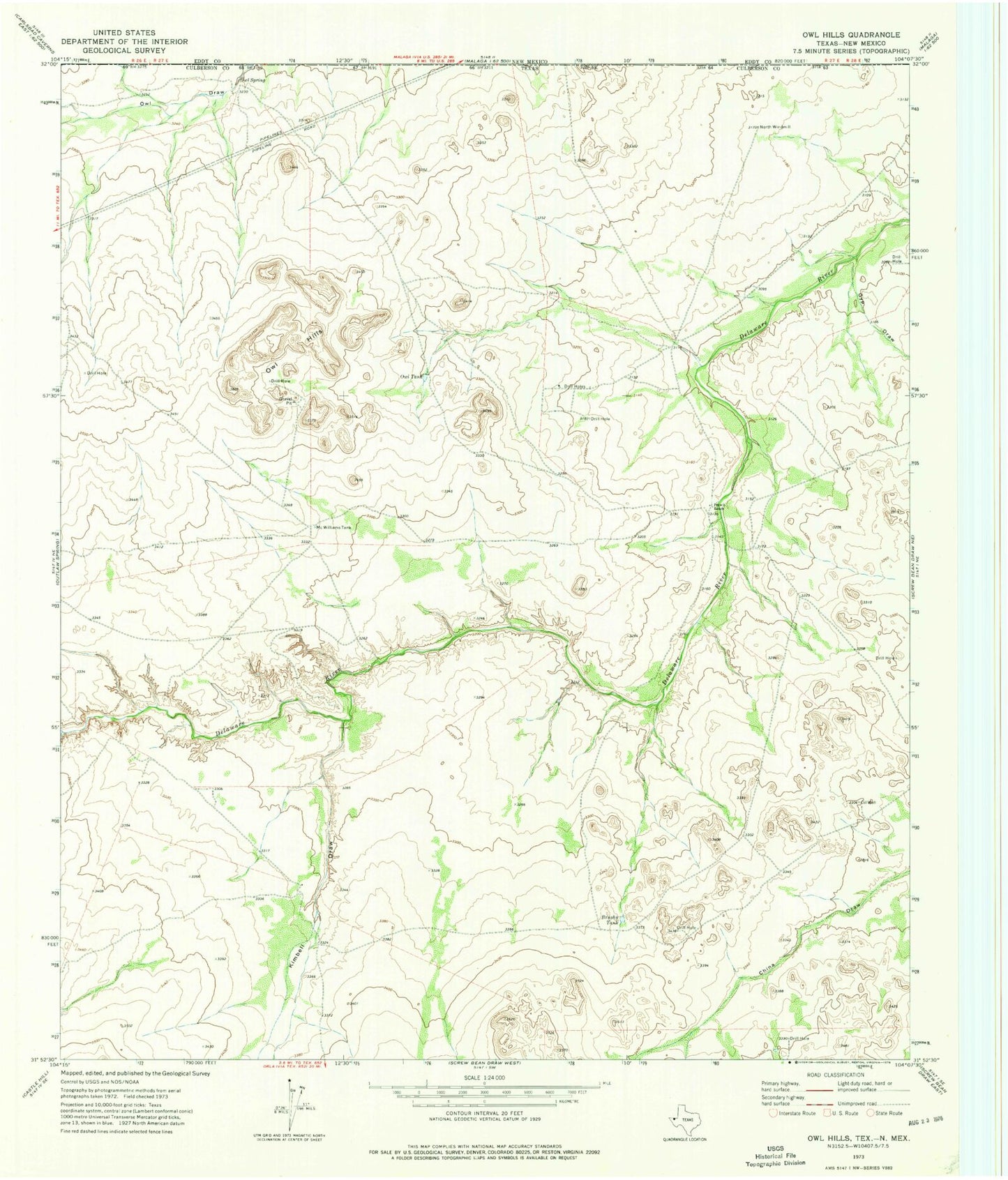 Classic USGS Owl Hills Texas 7.5'x7.5' Topo Map Image