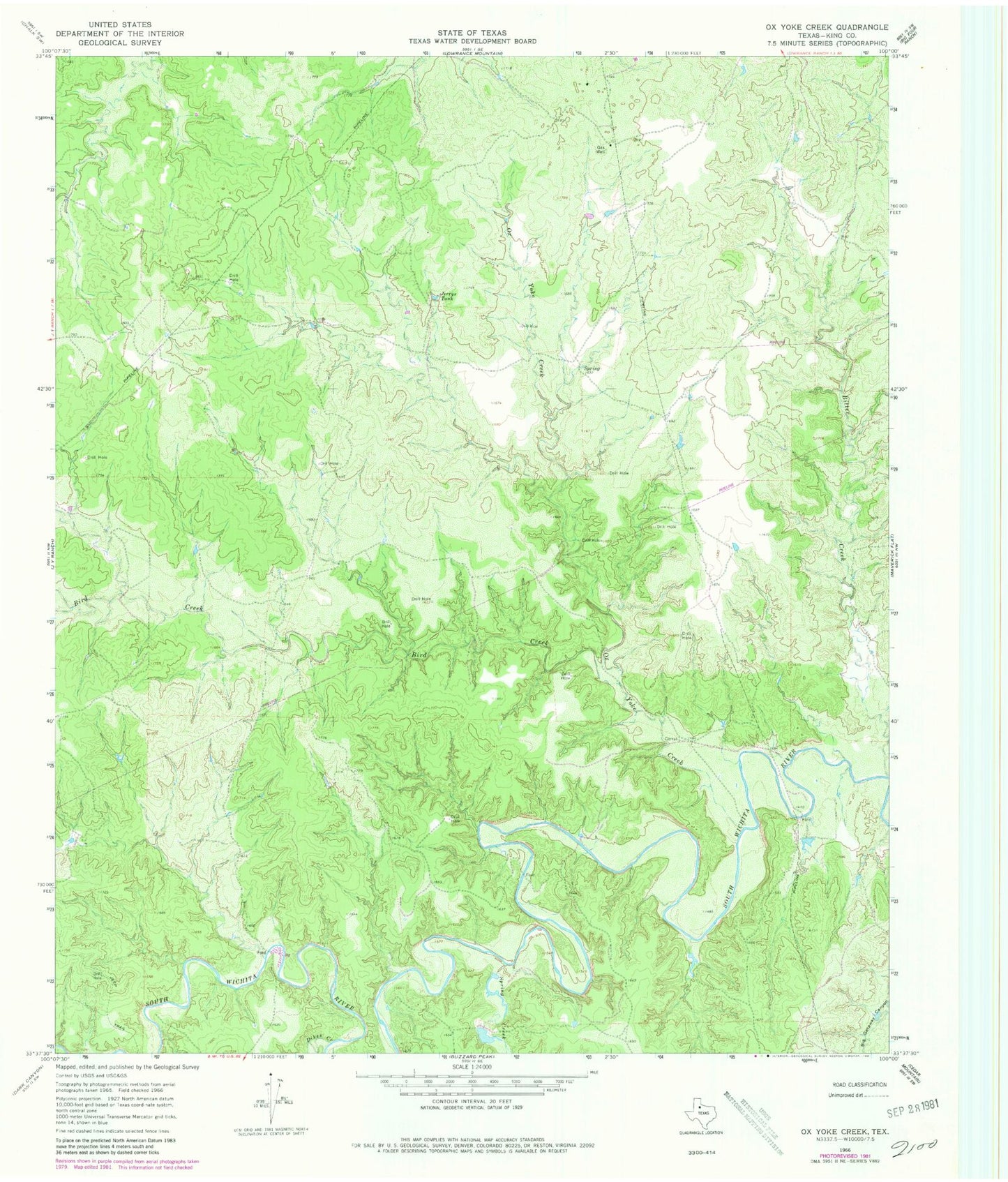 Classic USGS Ox Yoke Creek Texas 7.5'x7.5' Topo Map Image