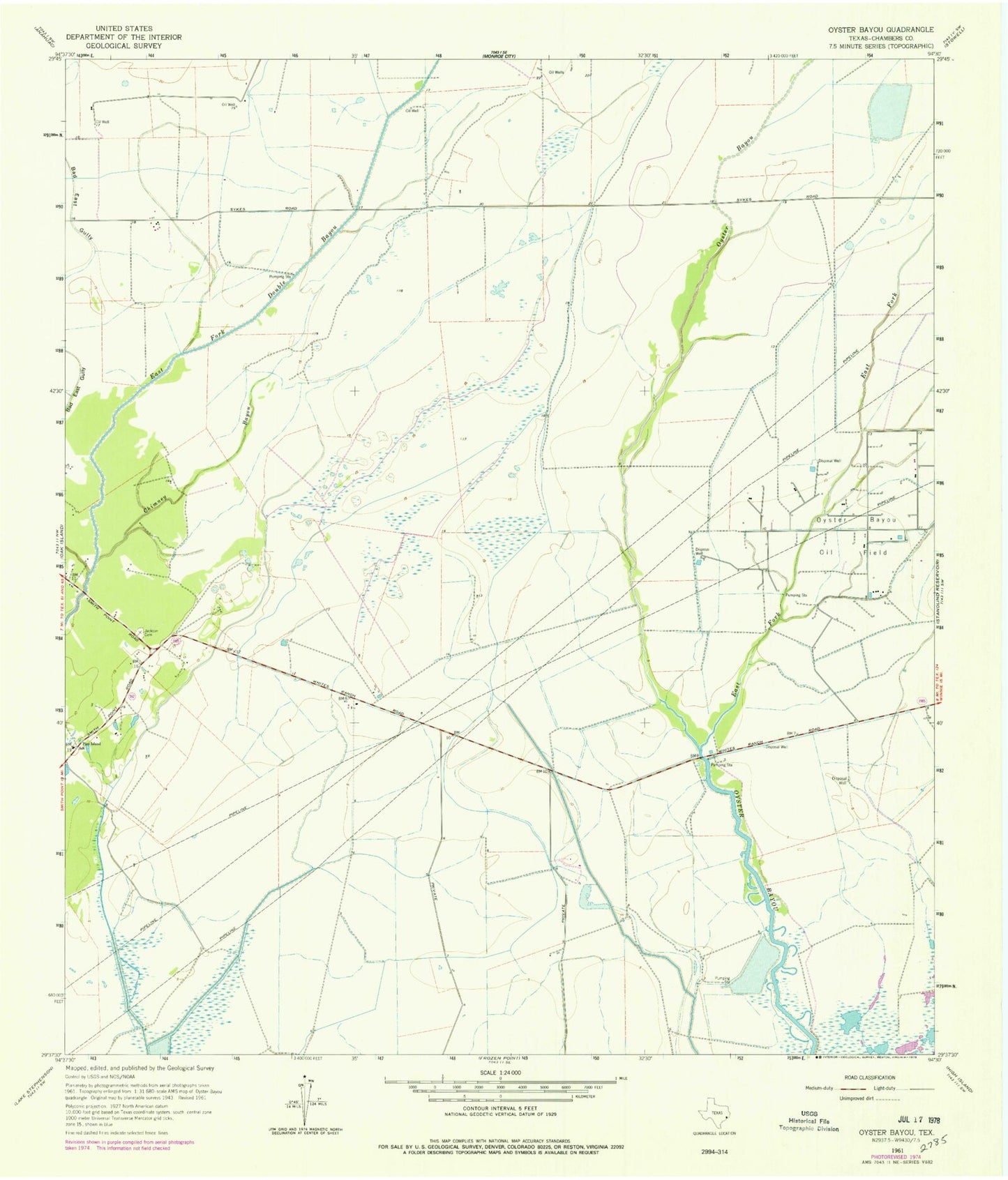 Classic USGS Oyster Bayou Texas 7.5'x7.5' Topo Map Image