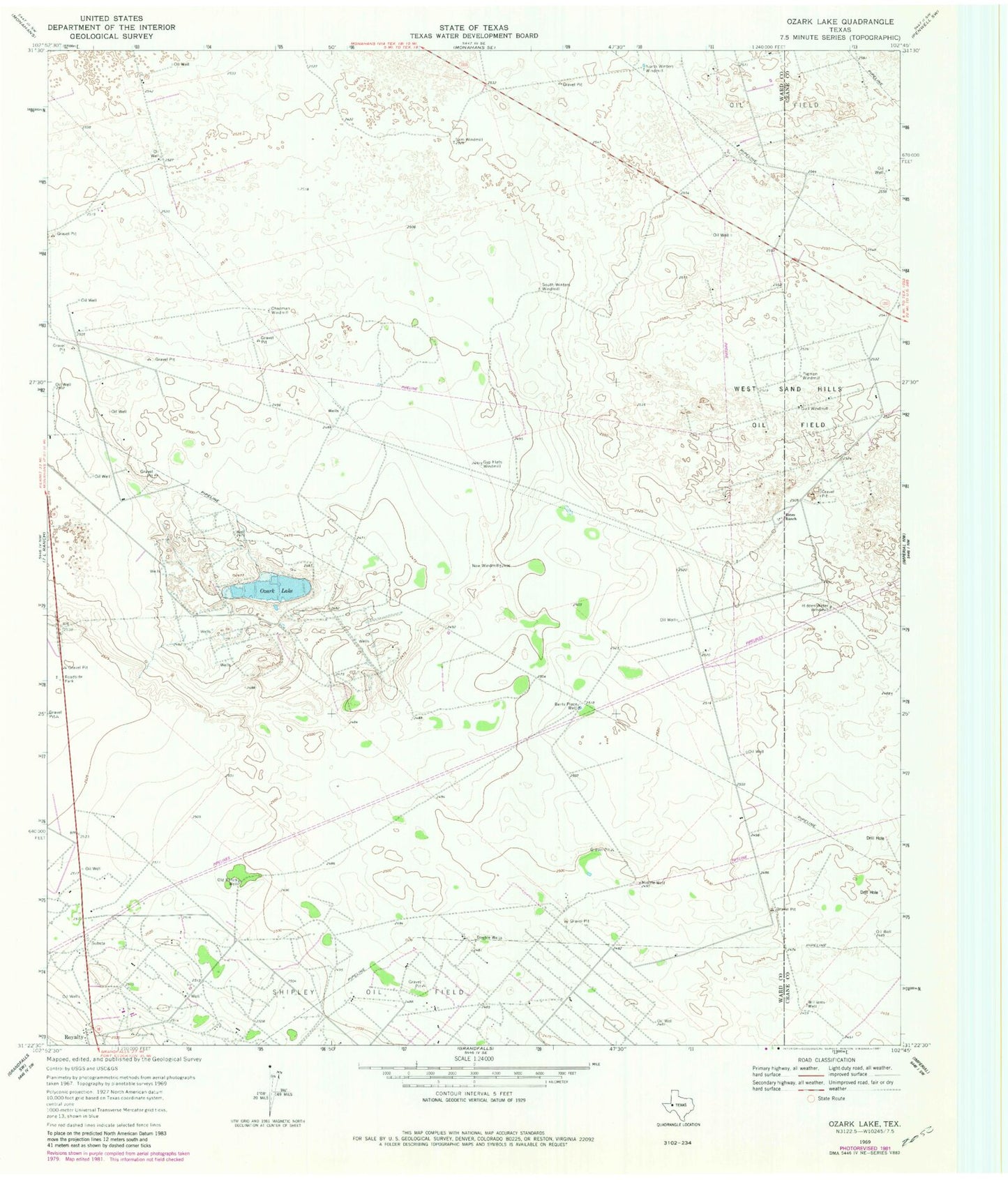 Classic USGS Ozark Lake Texas 7.5'x7.5' Topo Map Image