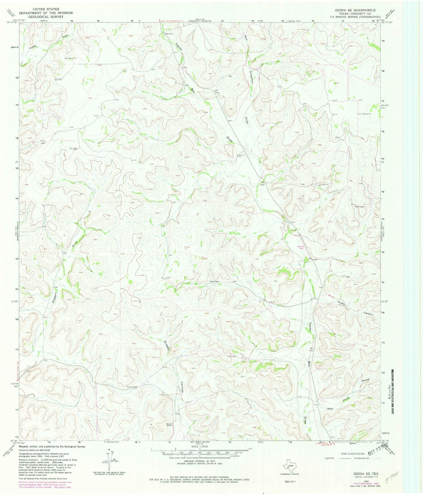 Classic USGS Ozona SE Texas 7.5'x7.5' Topo Map Image