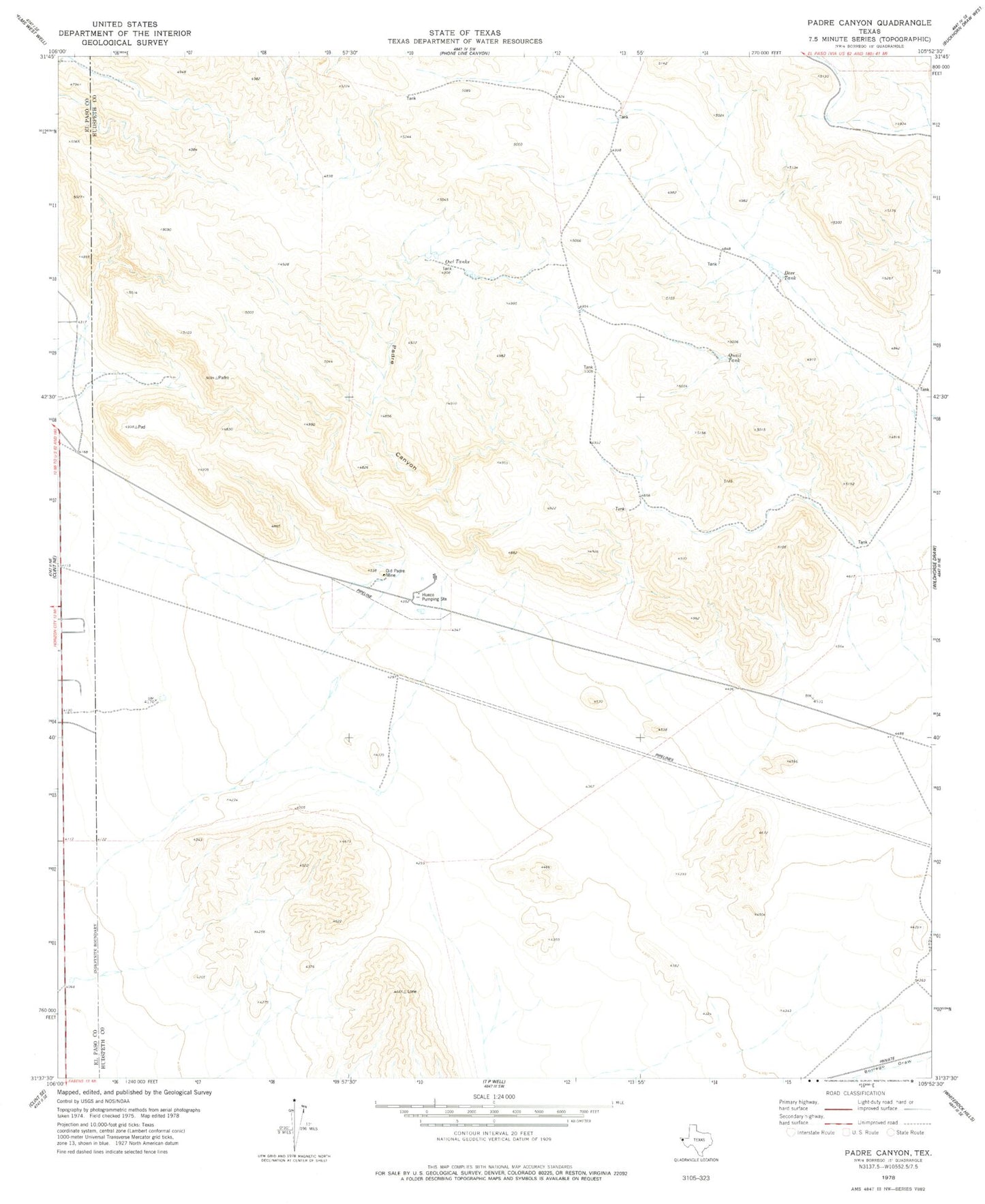 Classic USGS Padre Canyon Texas 7.5'x7.5' Topo Map Image
