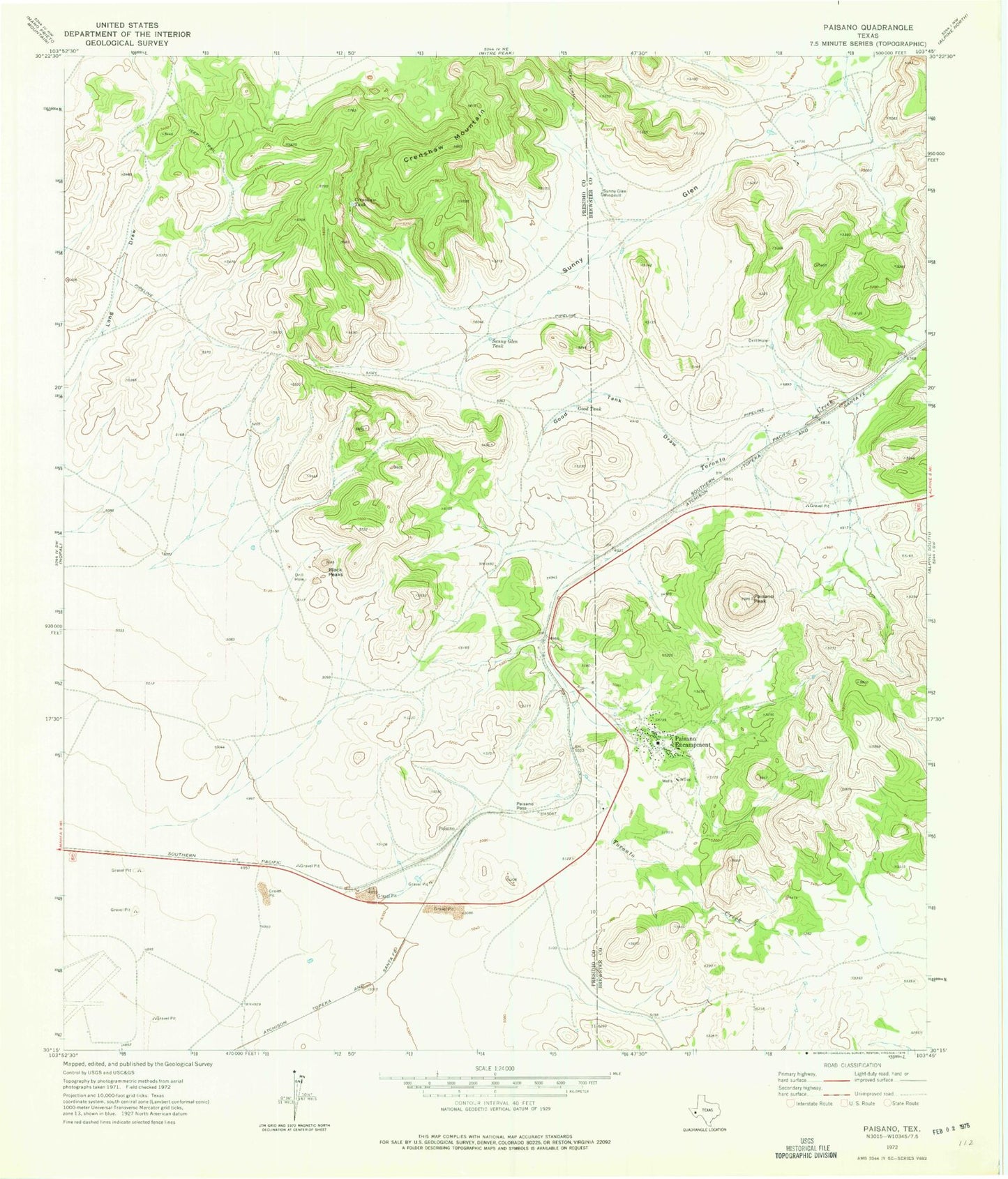 Classic USGS Paisano Texas 7.5'x7.5' Topo Map Image