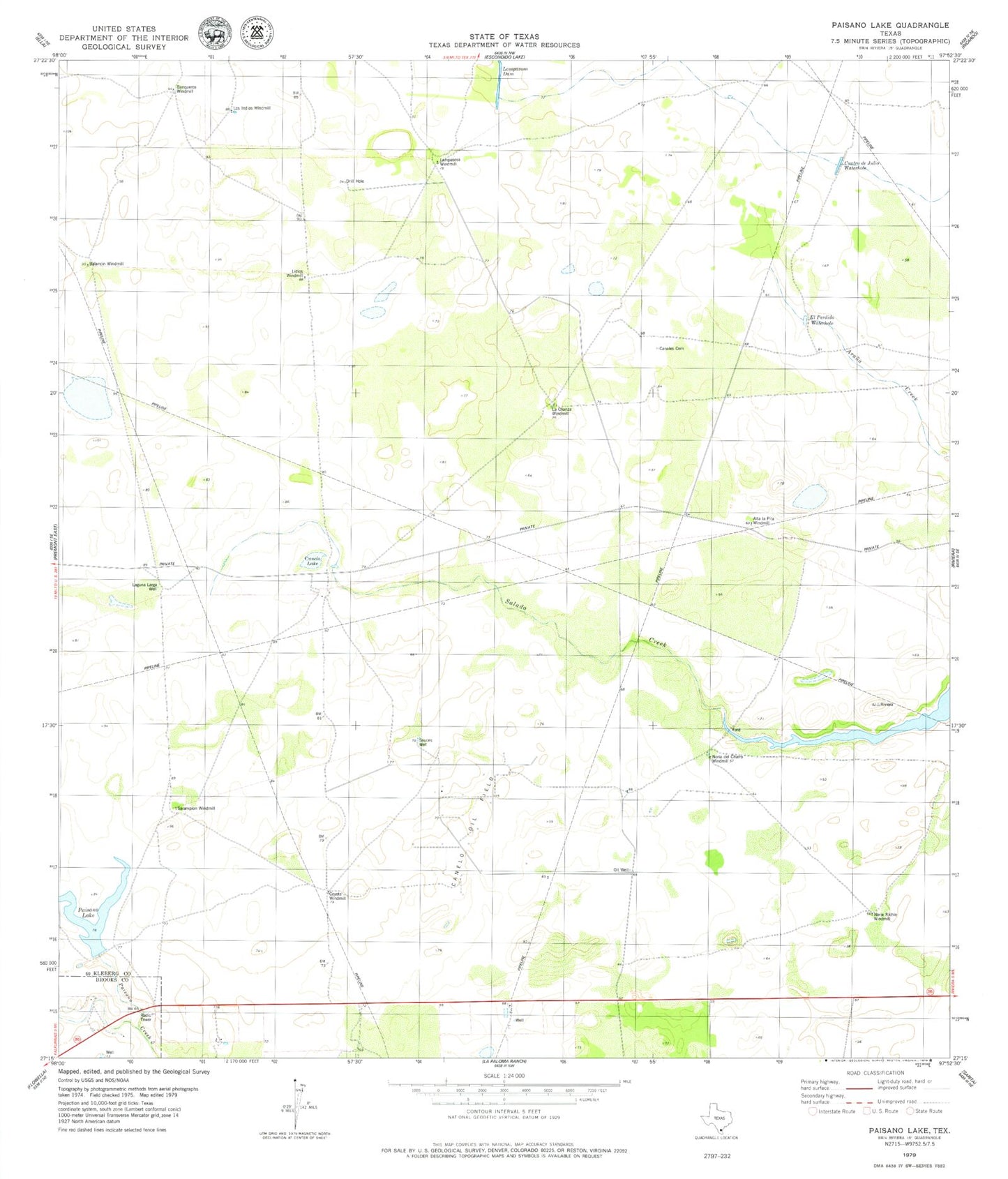 Classic USGS Paisano Lake Texas 7.5'x7.5' Topo Map Image