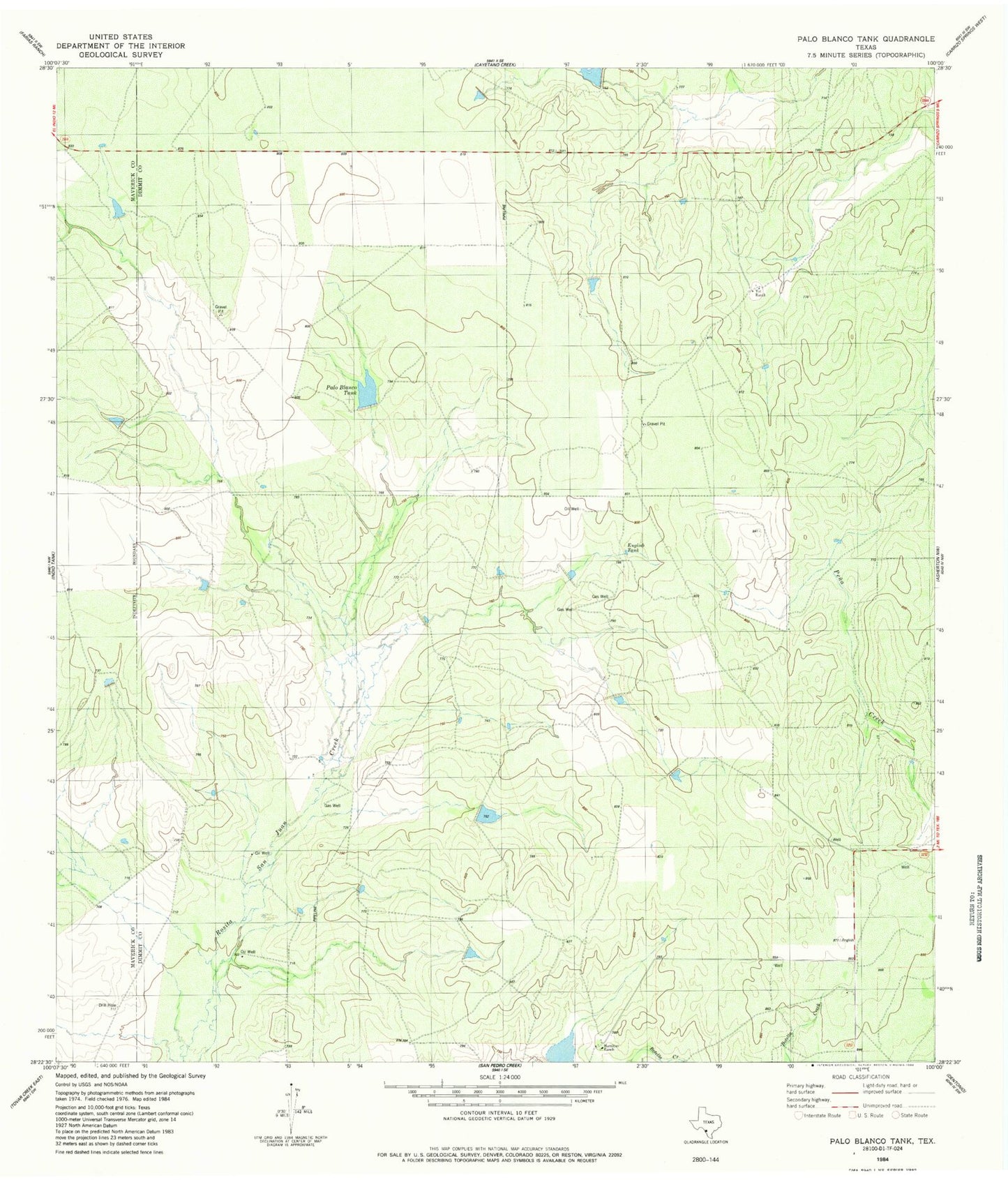 Classic USGS Palo Blanco Tank Texas 7.5'x7.5' Topo Map Image