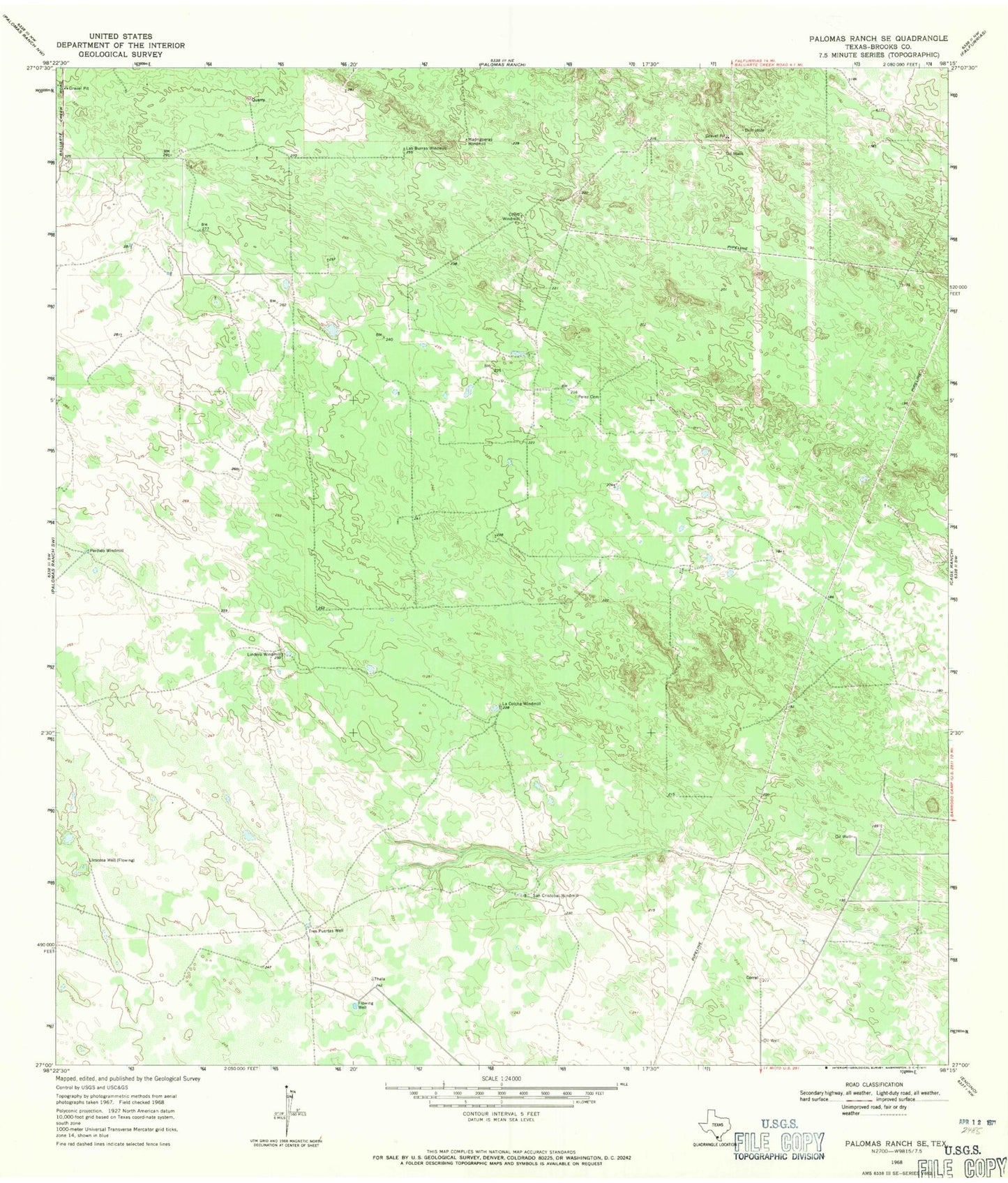 Classic USGS Palomas Ranch SE Texas 7.5'x7.5' Topo Map Image