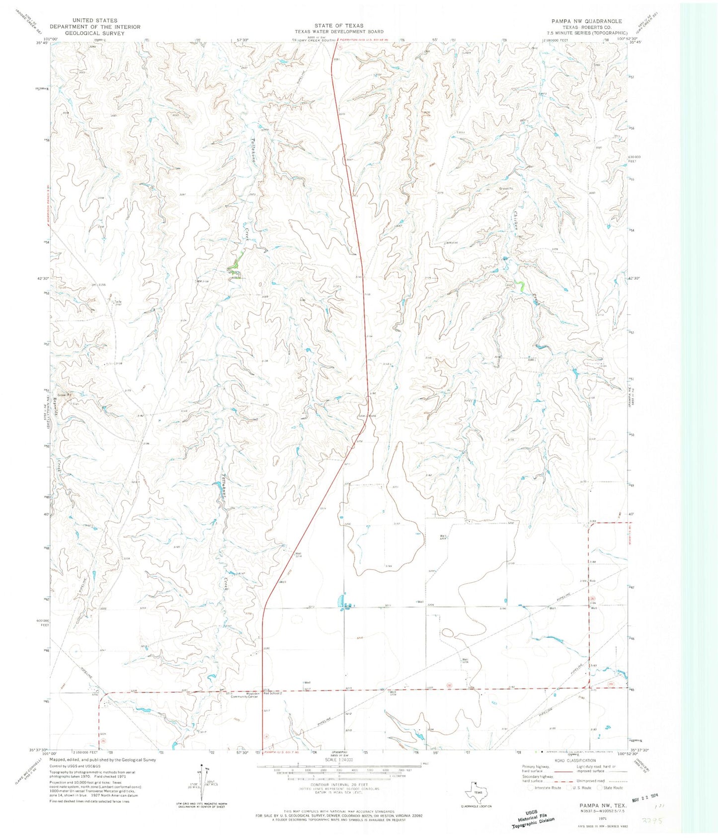 Classic USGS Pampa NW Texas 7.5'x7.5' Topo Map Image