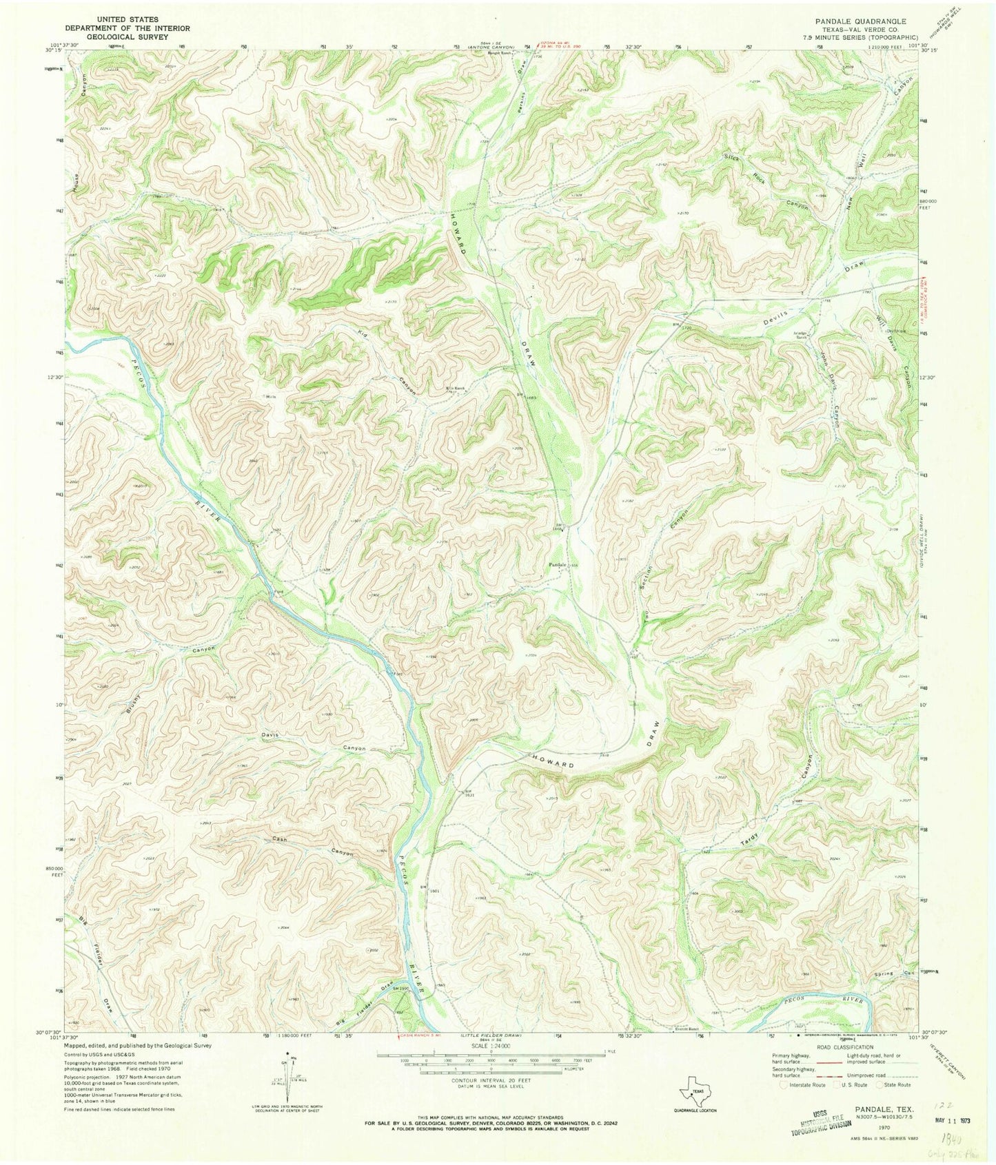 Classic USGS Pandale Texas 7.5'x7.5' Topo Map Image