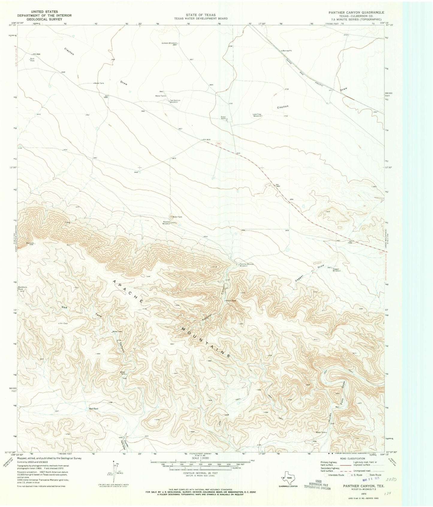 Classic USGS Panther Canyon Texas 7.5'x7.5' Topo Map Image