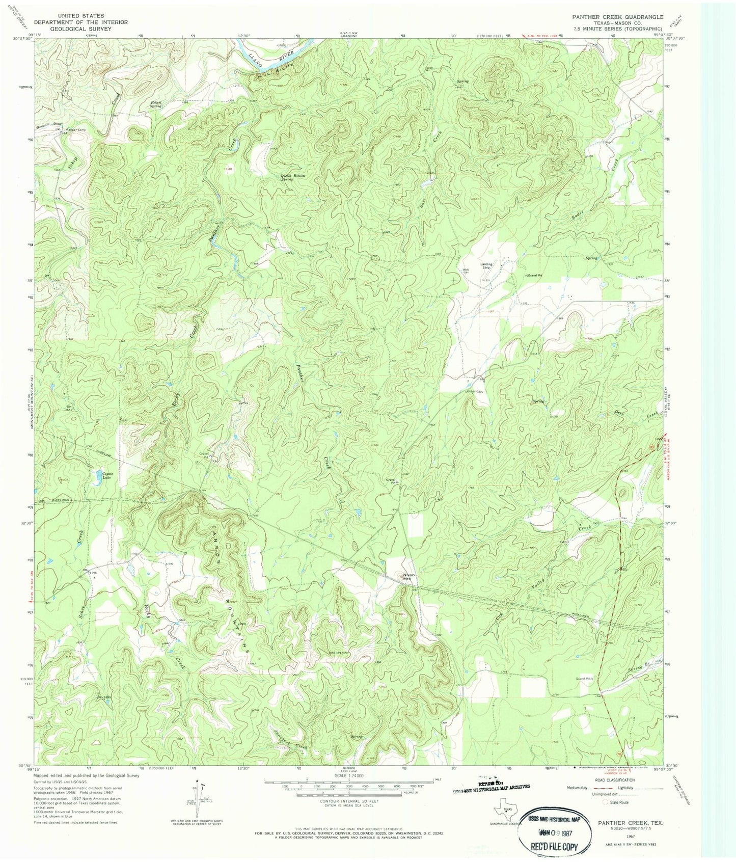 Classic USGS Panther Creek Texas 7.5'x7.5' Topo Map Image