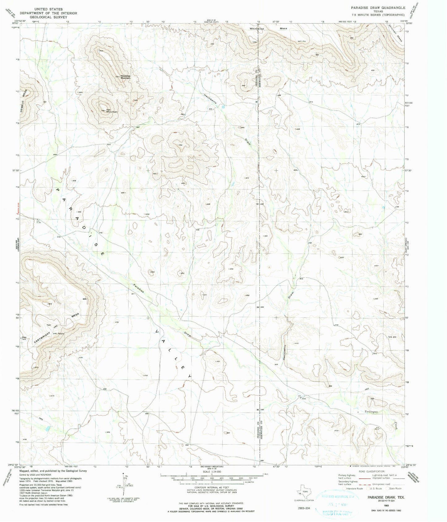 Classic USGS Paradise Draw Texas 7.5'x7.5' Topo Map Image