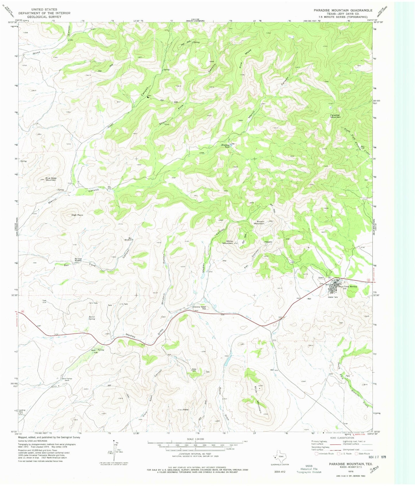 Classic USGS Paradise Mountain Texas 7.5'x7.5' Topo Map Image