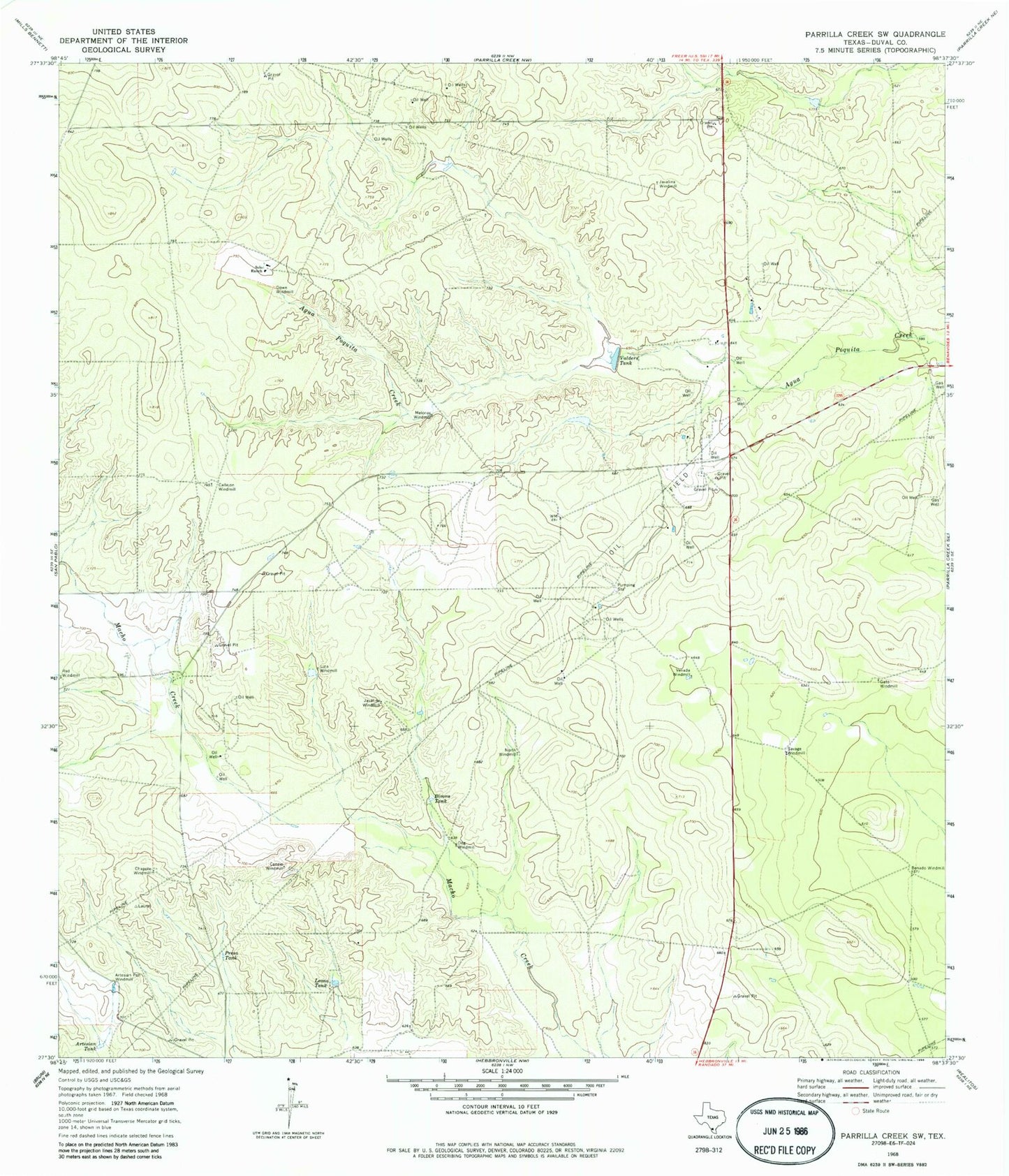 Classic USGS Parrilla Creek SW Texas 7.5'x7.5' Topo Map Image