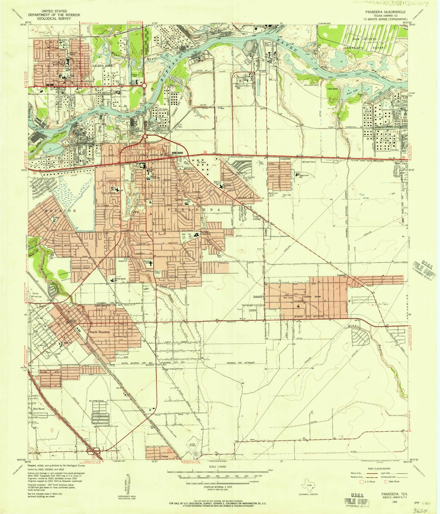 Classic USGS Pasadena Texas 7.5'x7.5' Topo Map Image