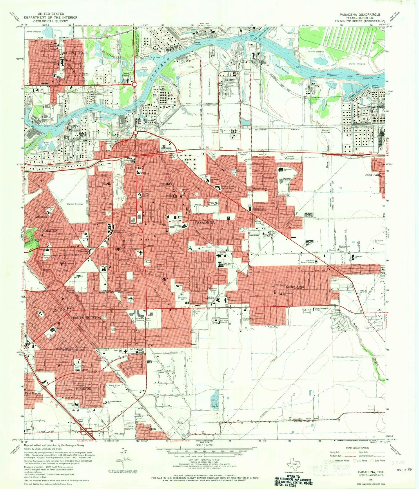 Classic USGS Pasadena Texas 7.5'x7.5' Topo Map Image