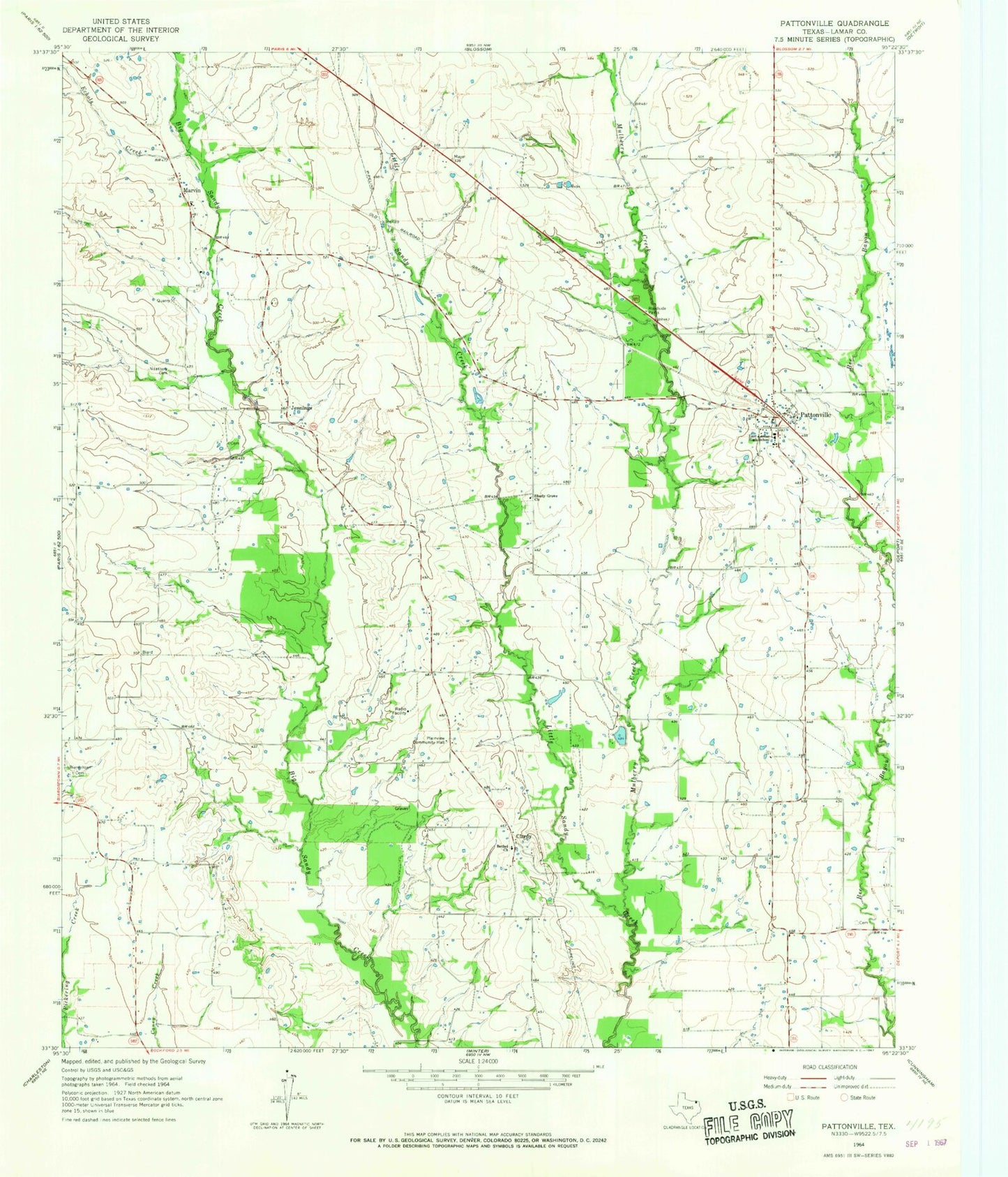 Classic USGS Pattonville Texas 7.5'x7.5' Topo Map Image