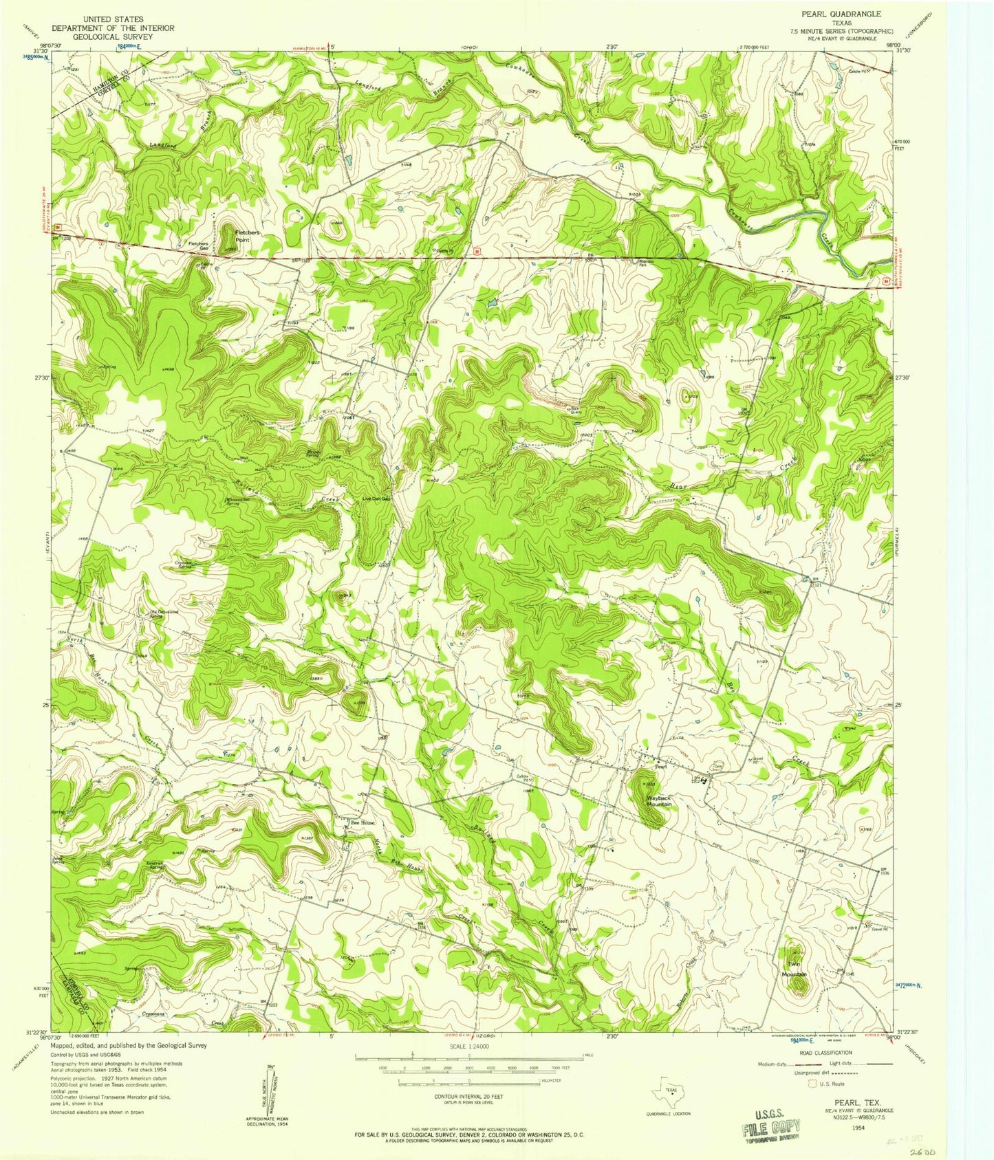 Classic USGS Pearl Texas 7.5'x7.5' Topo Map Image