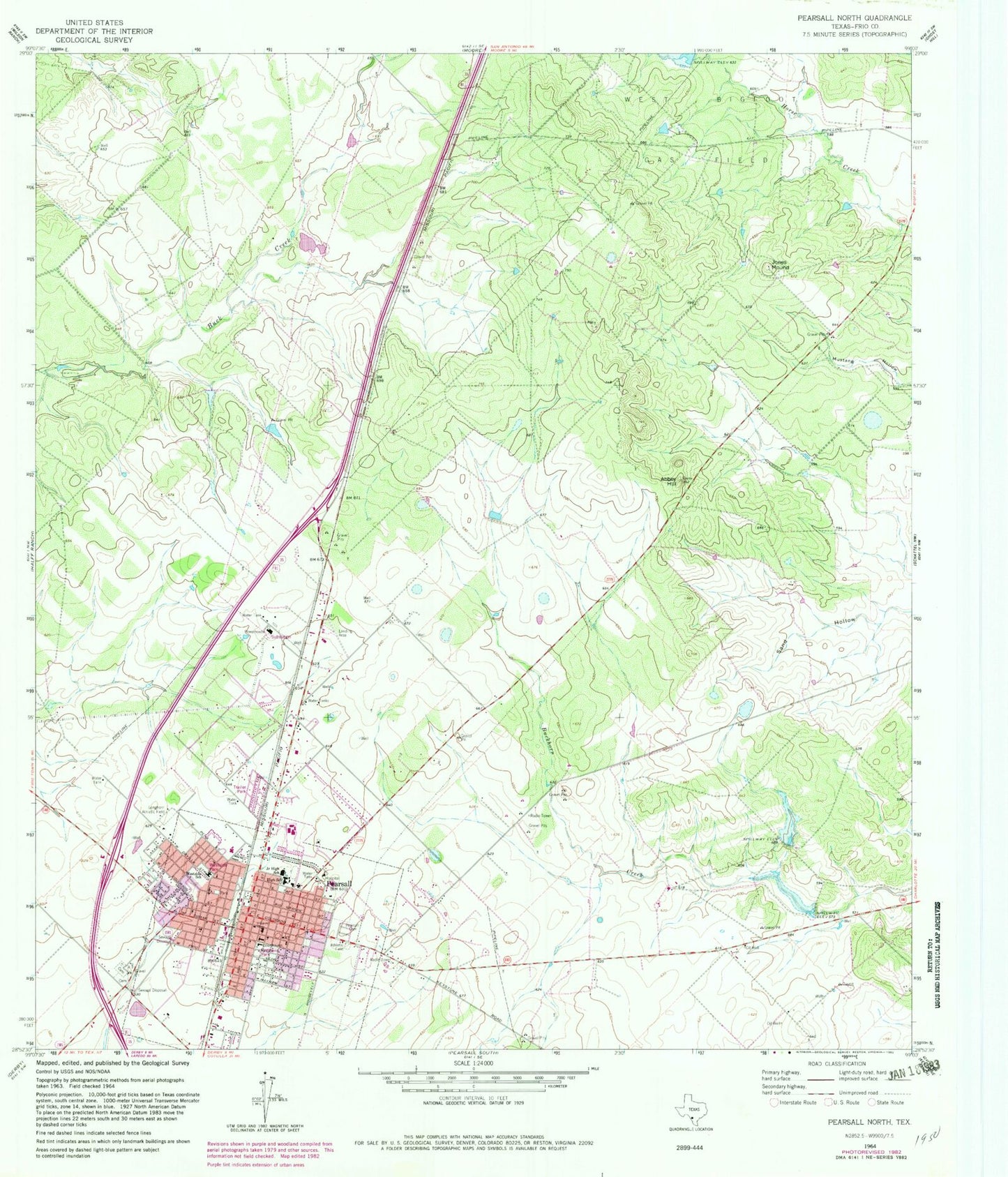Classic USGS Pearsall North Texas 7.5'x7.5' Topo Map Image
