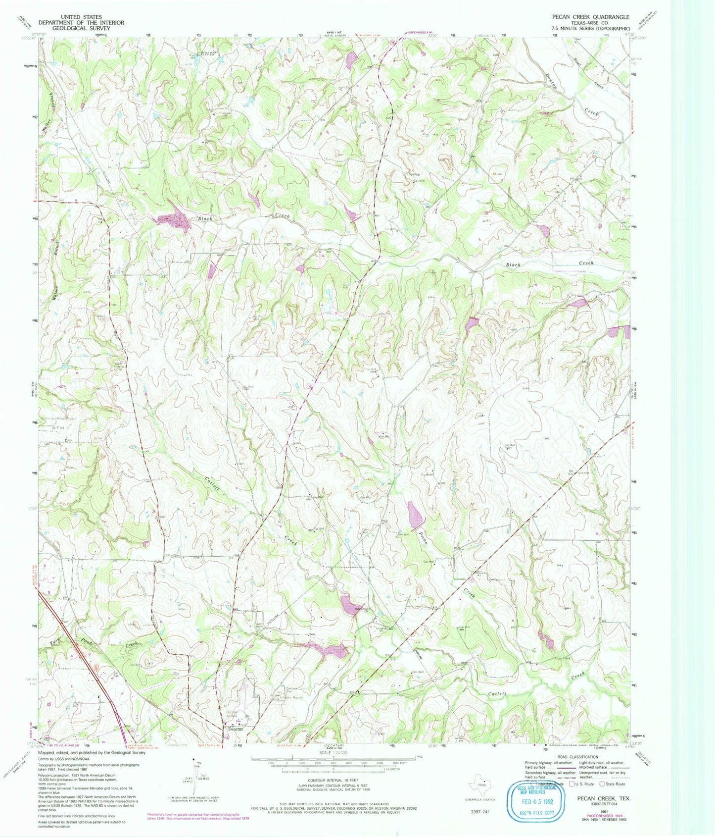 Classic USGS Pecan Creek Texas 7.5'x7.5' Topo Map Image