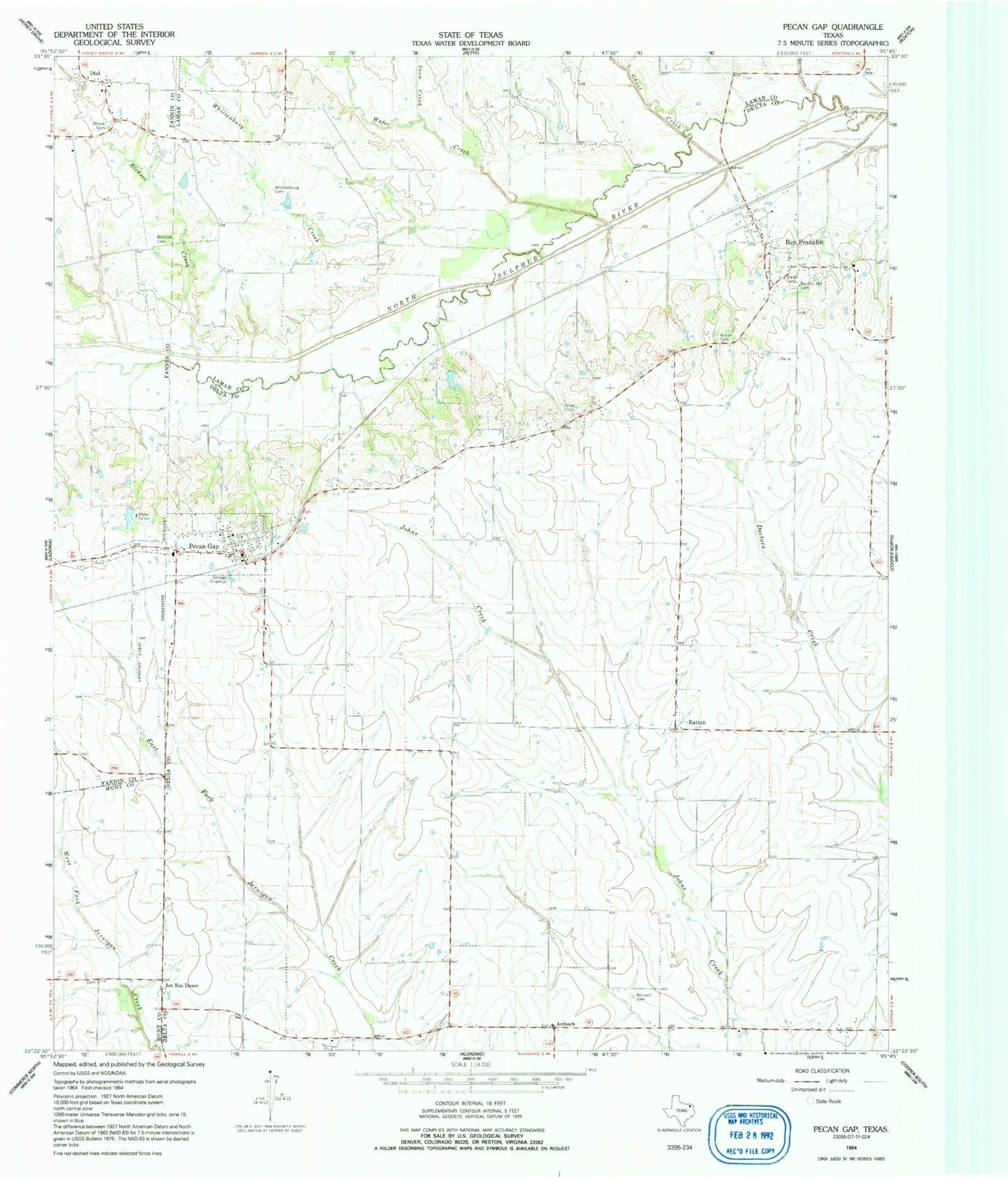 Classic USGS Pecan Gap Texas 7.5'x7.5' Topo Map Image
