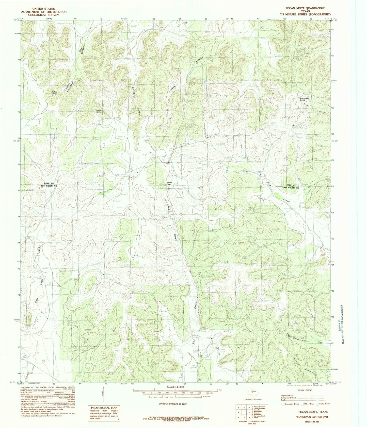 Classic USGS Pecan Mott Texas 7.5'x7.5' Topo Map Image