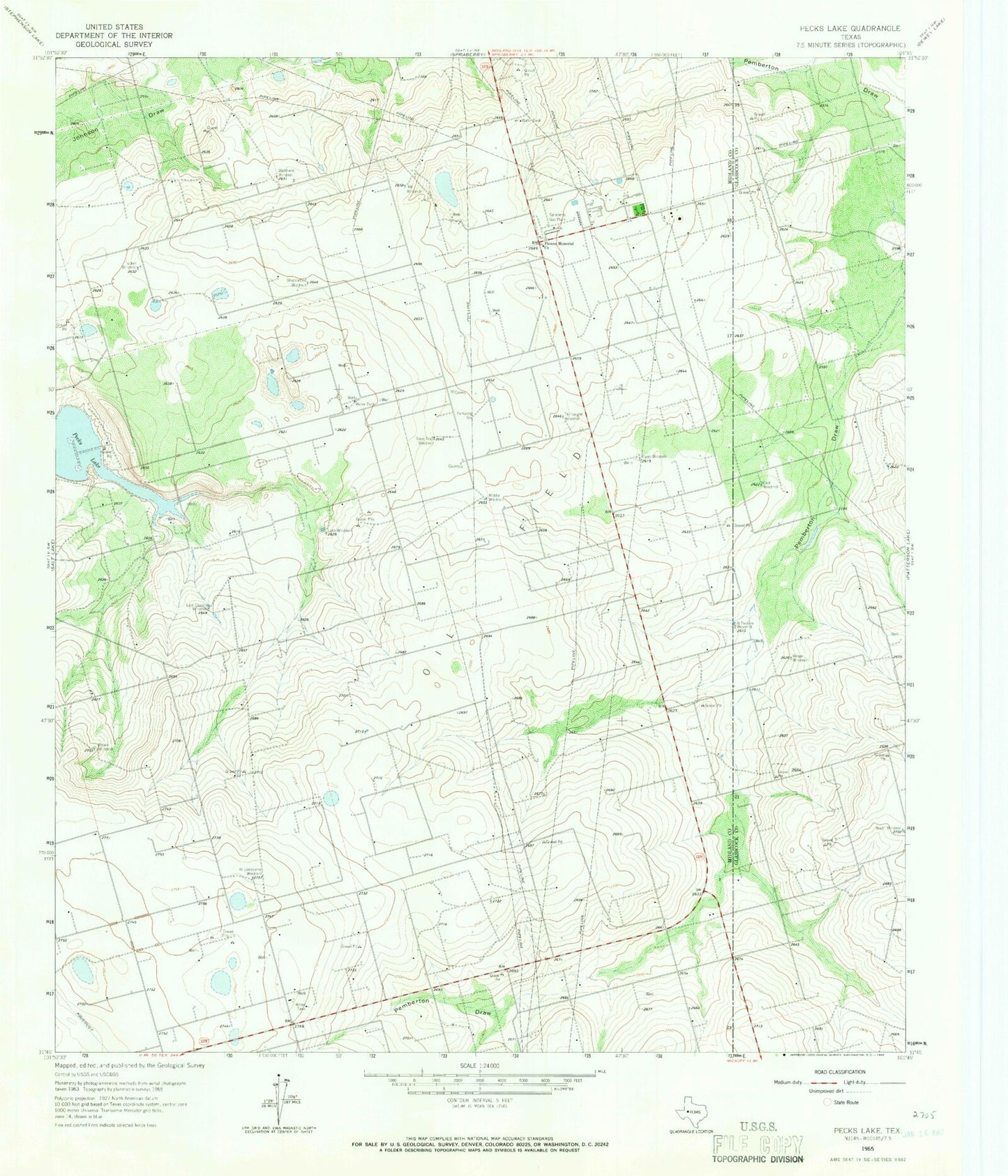Classic USGS Pecks Lake Texas 7.5'x7.5' Topo Map Image