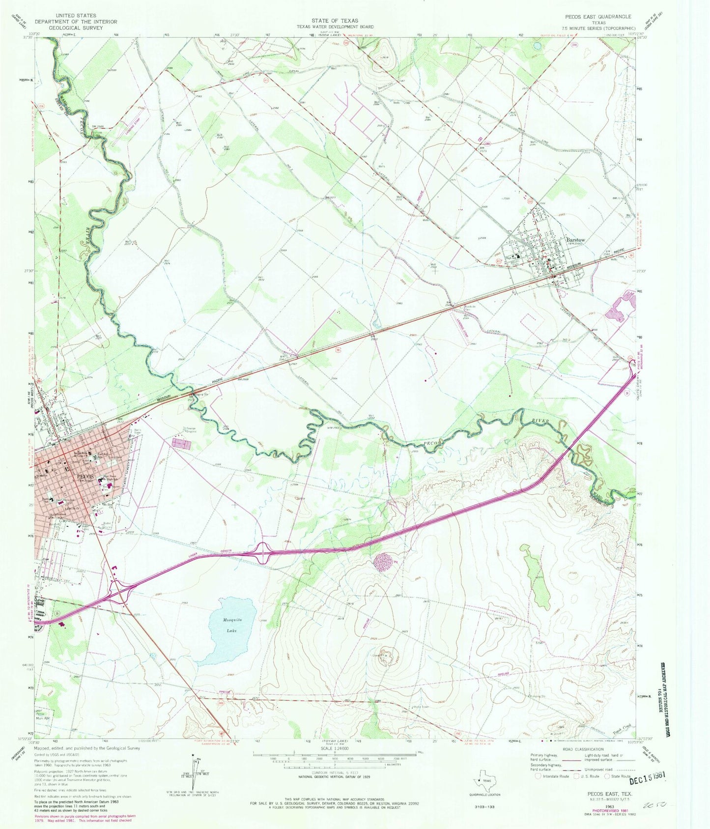 Classic USGS Pecos East Texas 7.5'x7.5' Topo Map Image