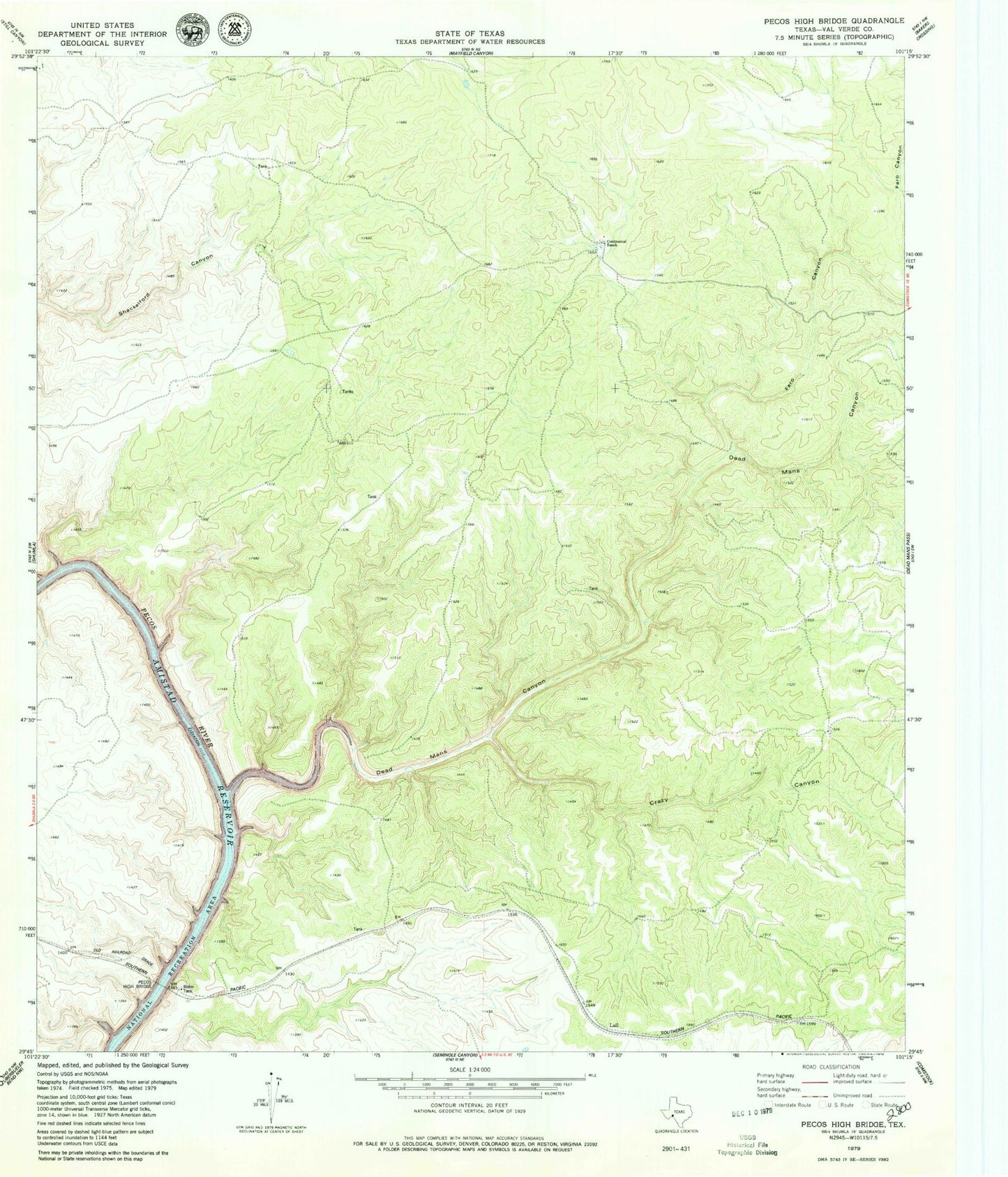 Classic USGS Pecos High Bridge Texas 7.5'x7.5' Topo Map Image