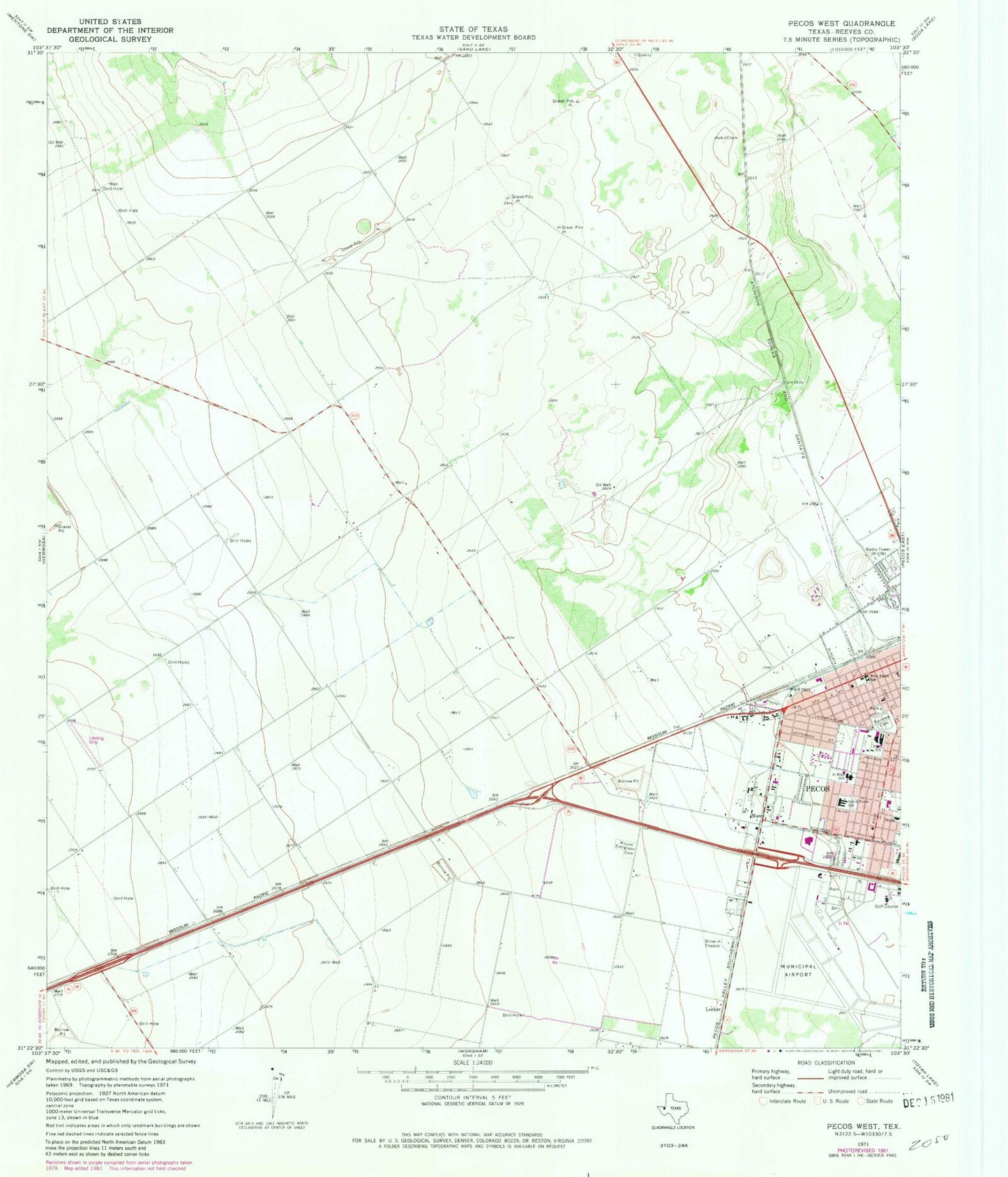 Classic USGS Pecos West Texas 7.5'x7.5' Topo Map Image