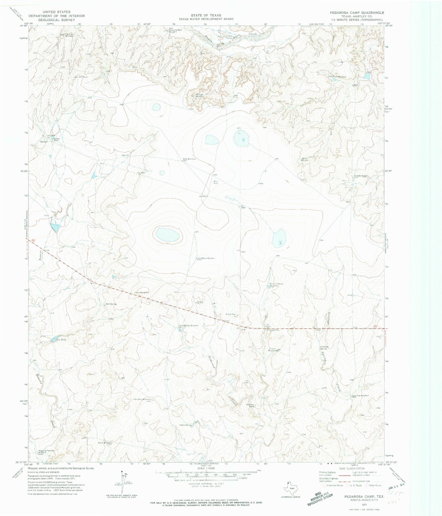 Classic USGS Pedarosa Camp Texas 7.5'x7.5' Topo Map Image